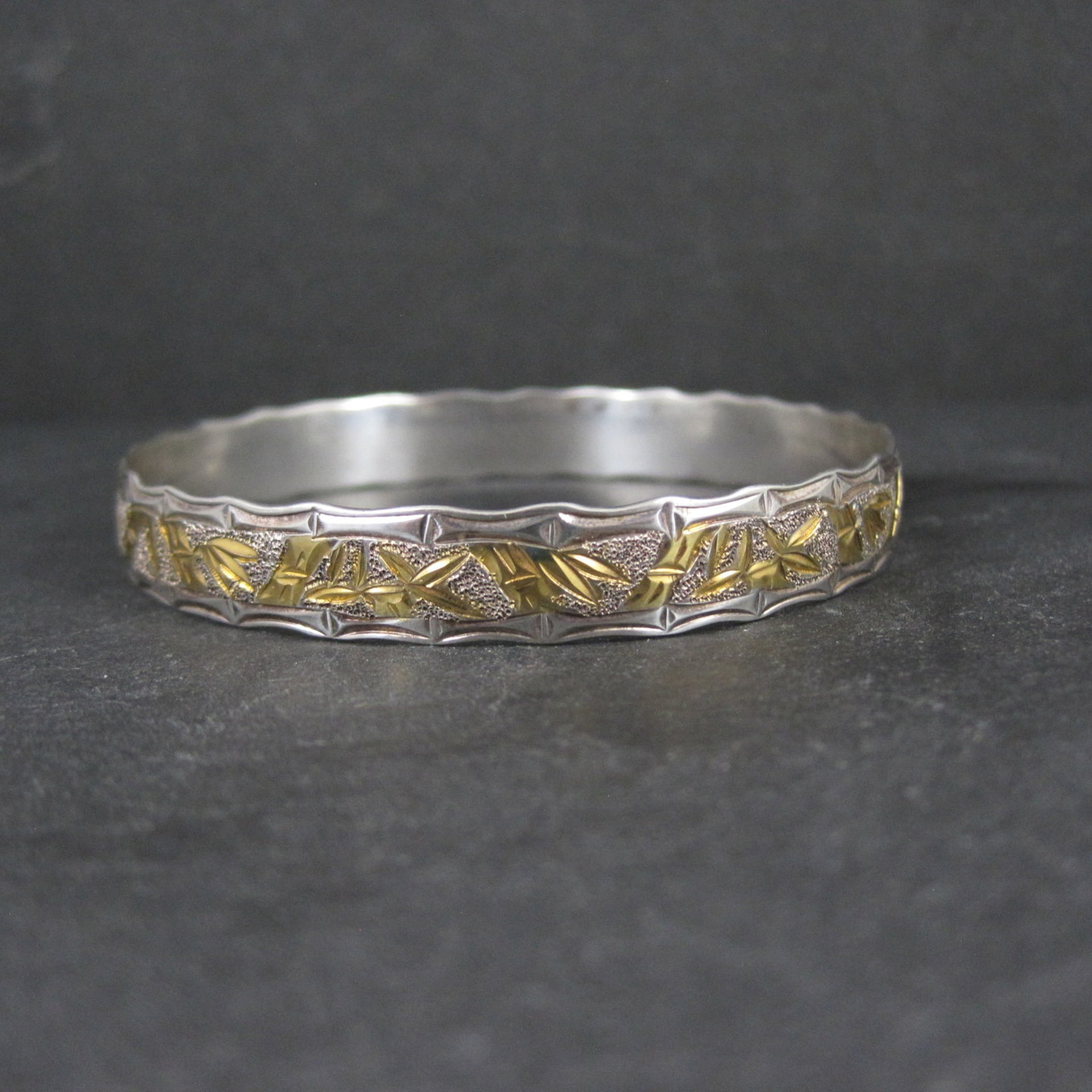 Sterling Silver and 8K Bamboo Bangle Bracelet 7.5 Inches