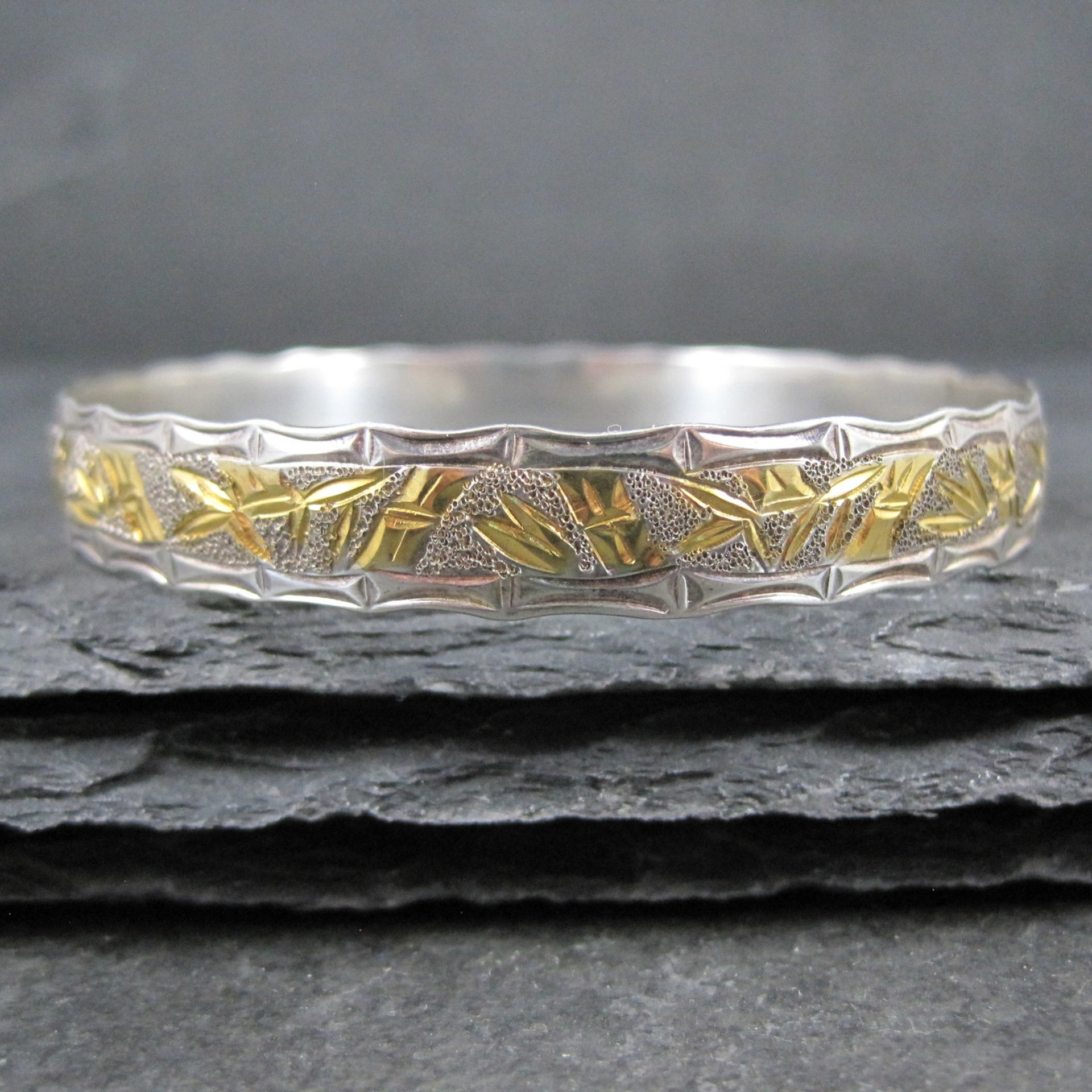 Sterling Silver and 8K Bamboo Bangle Bracelet 7.5 Inches