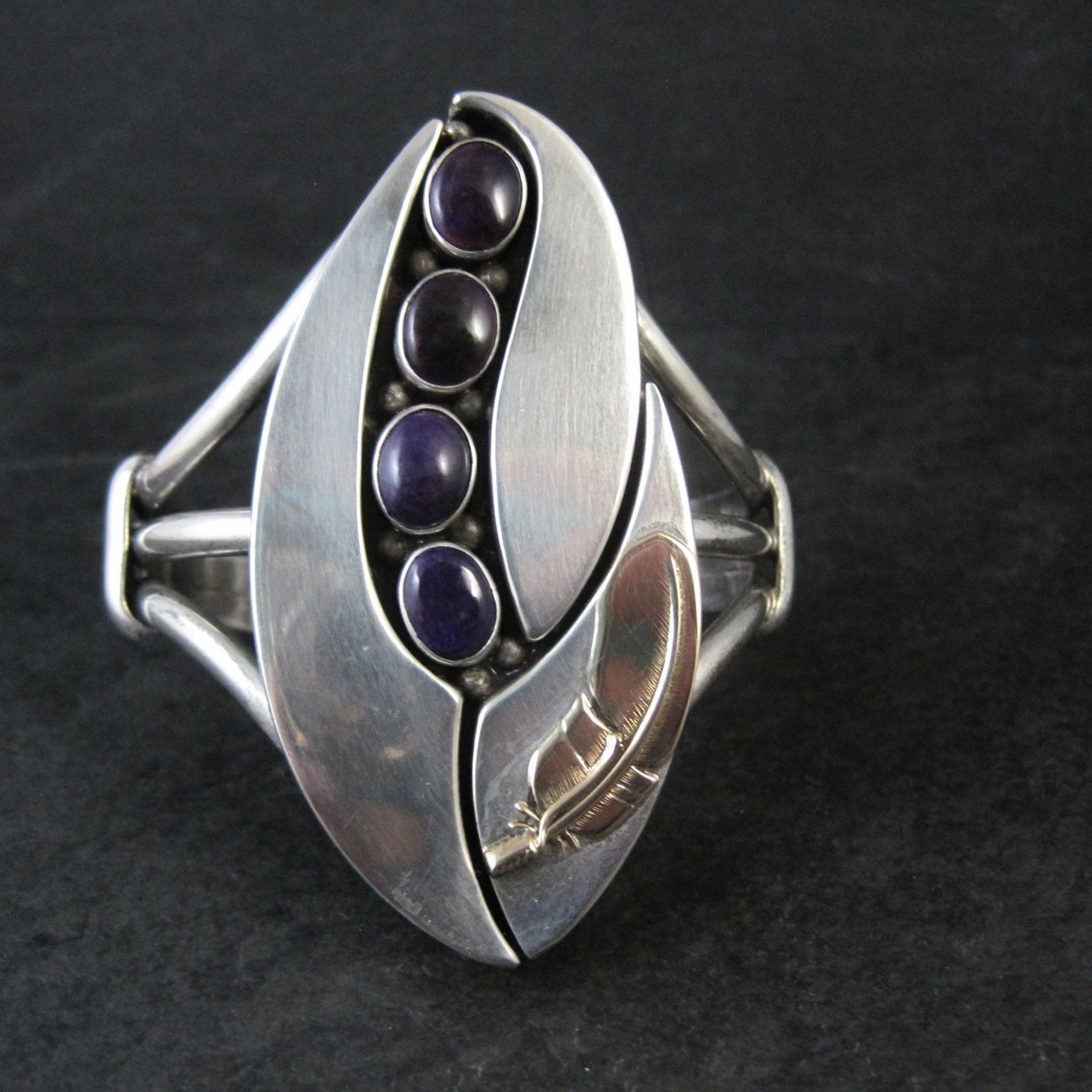 Navajo Sugilite Feather Cuff Bracelet Wilbert Cora Vandever 6.25" Sterling Silver & 14K Yellow Gold