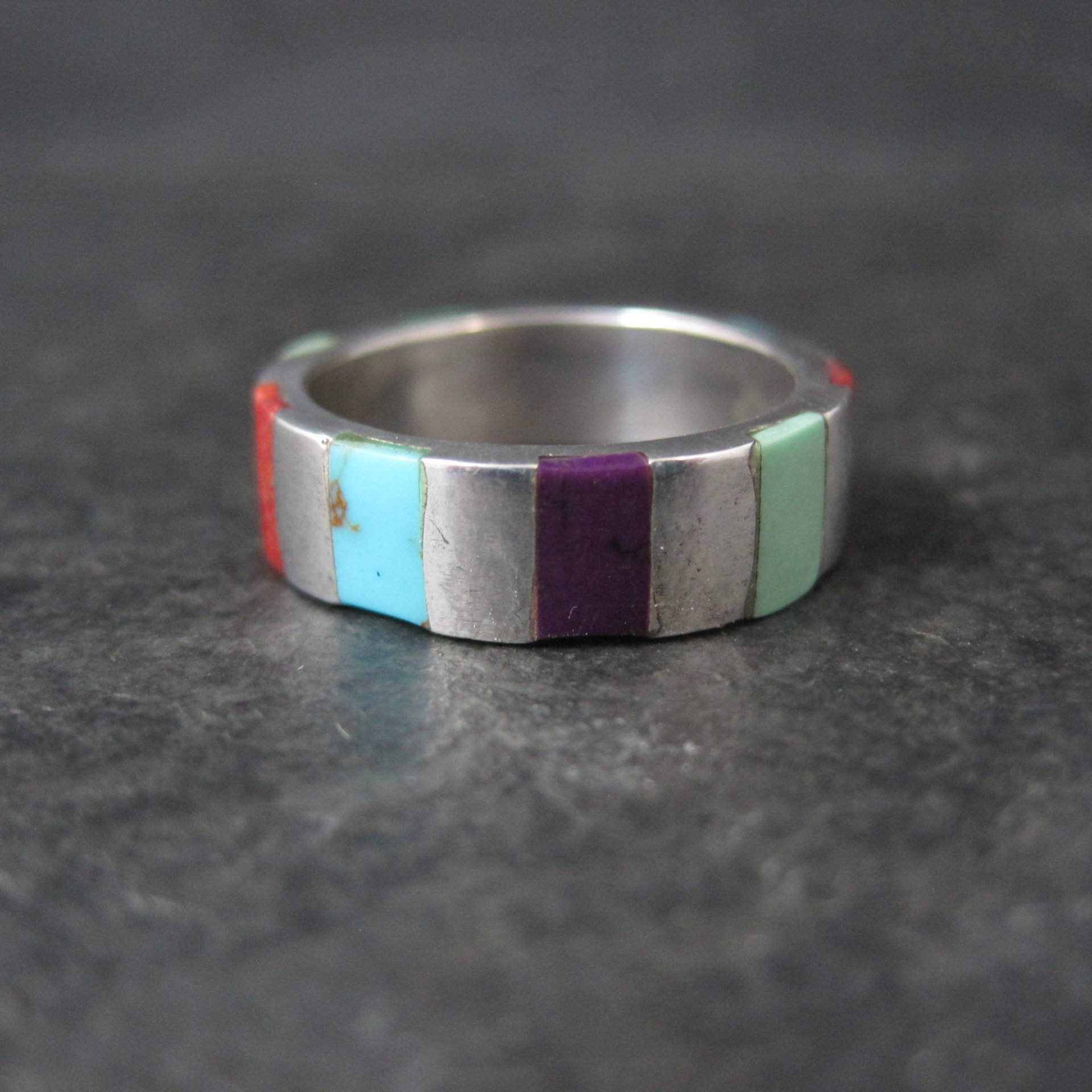 Vintage Inlaid Band Ring Southwestern Sterling Silver Size 7