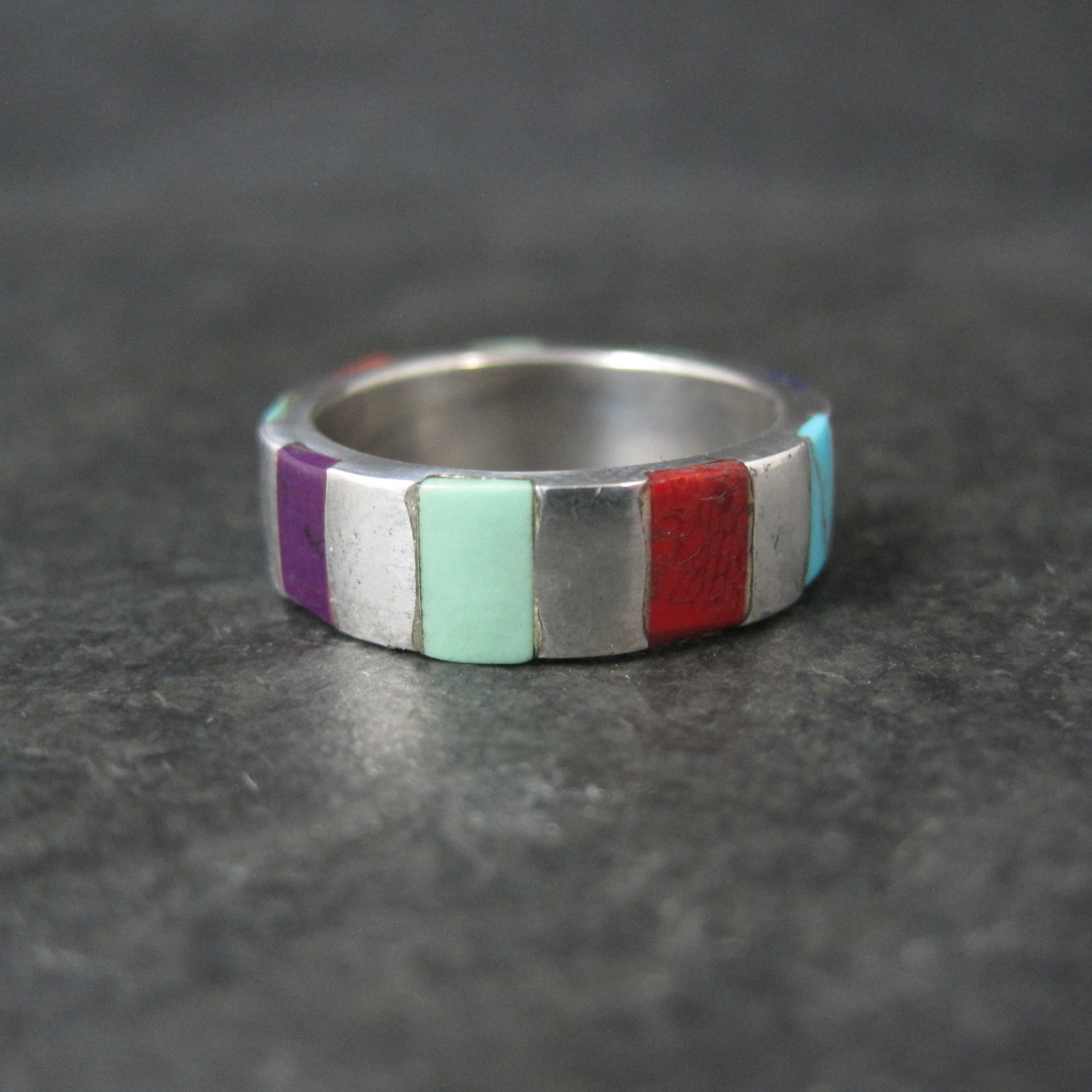 Vintage Inlaid Band Ring Southwestern Sterling Silver Size 7