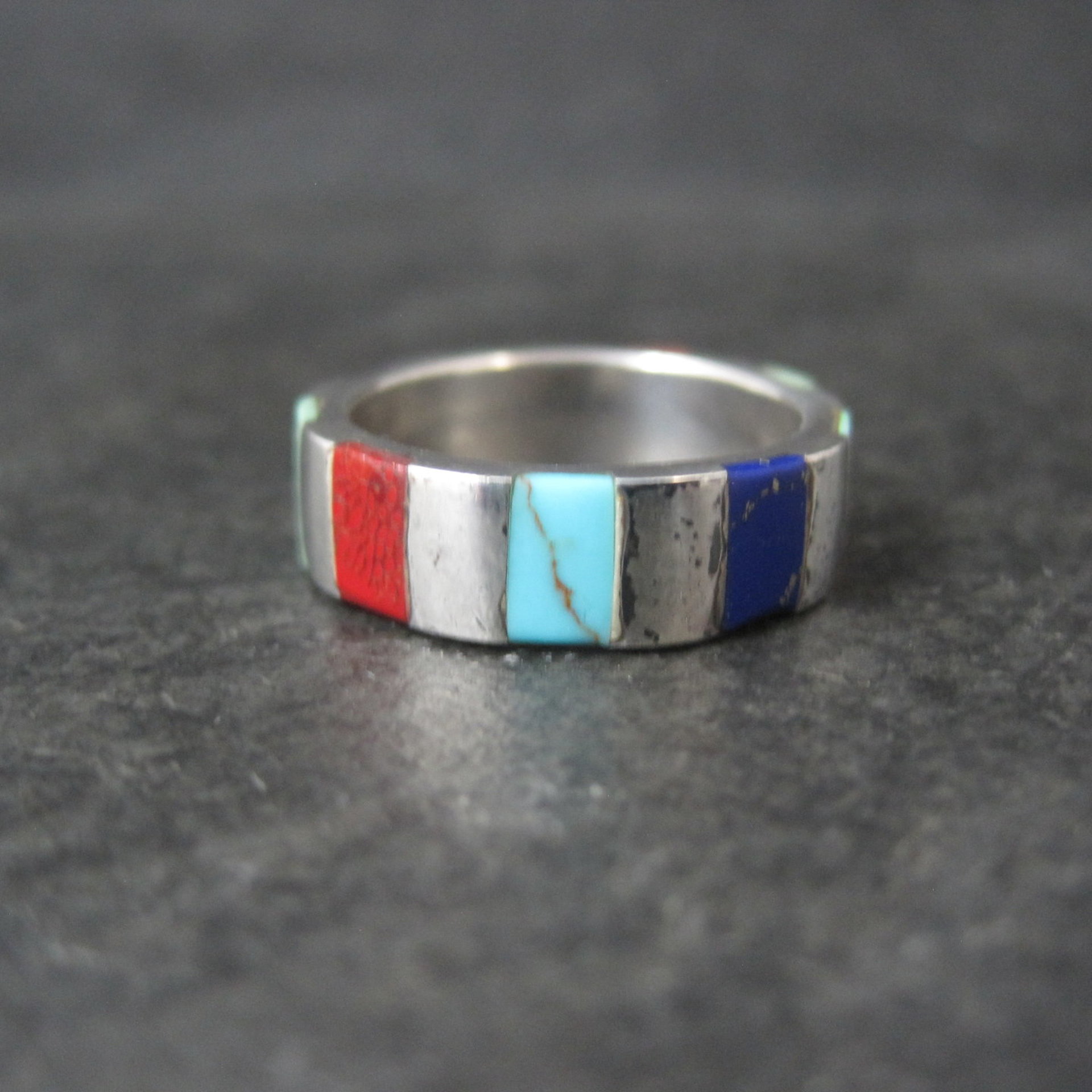 Vintage Inlaid Band Ring Southwestern Sterling Silver Size 7
