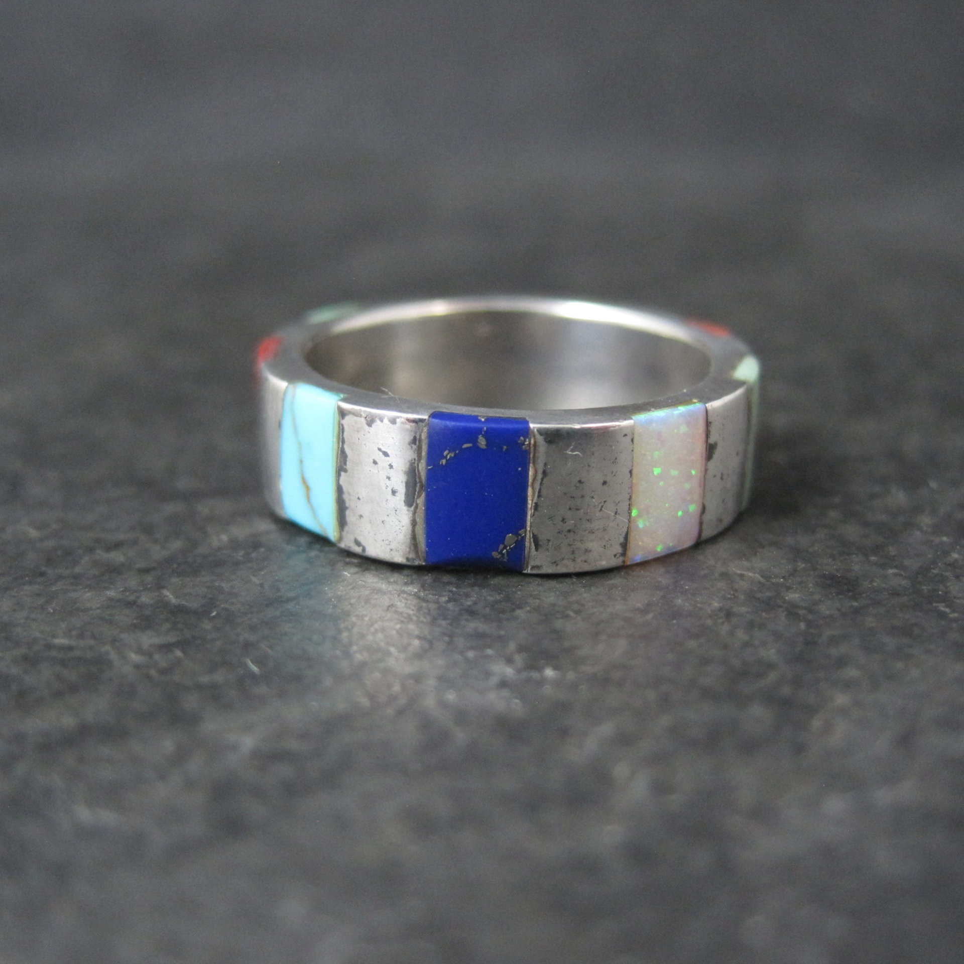 Vintage Inlaid Band Ring Southwestern Sterling Silver Size 7