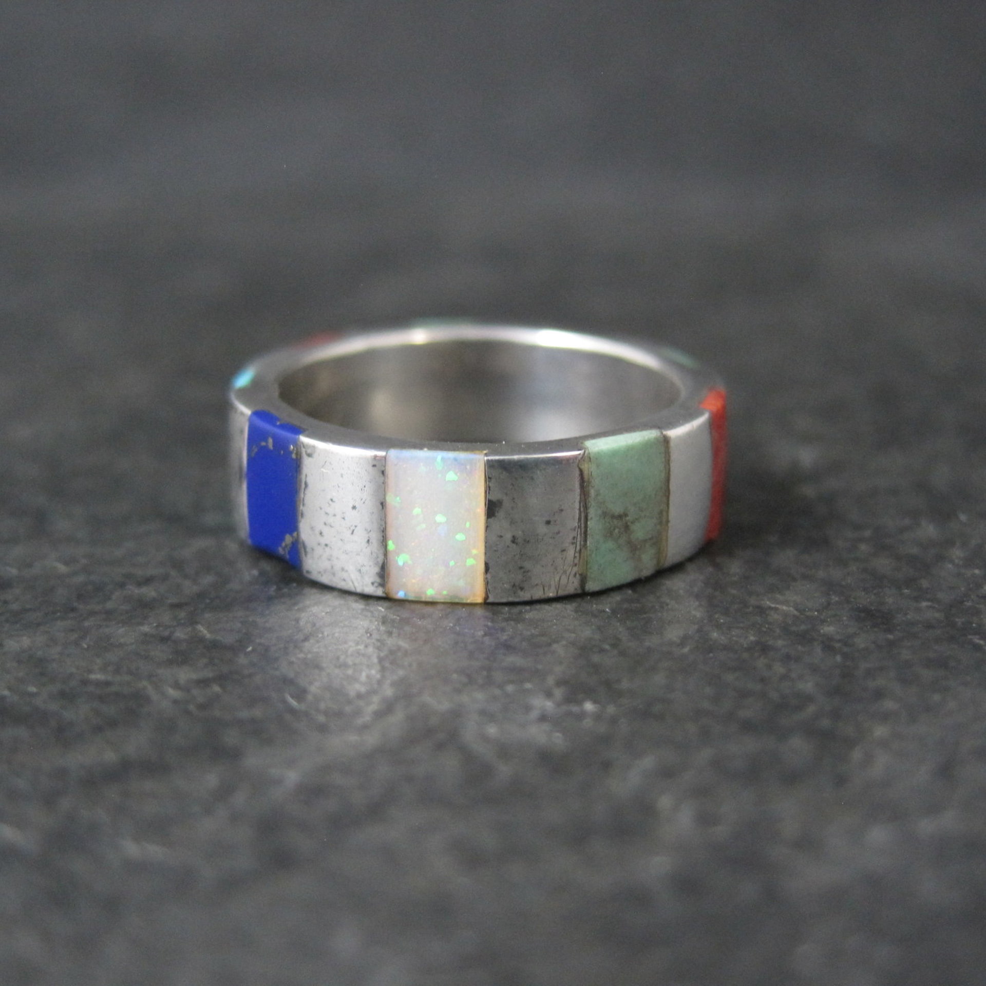 Vintage Inlaid Band Ring Southwestern Sterling Silver Size 7