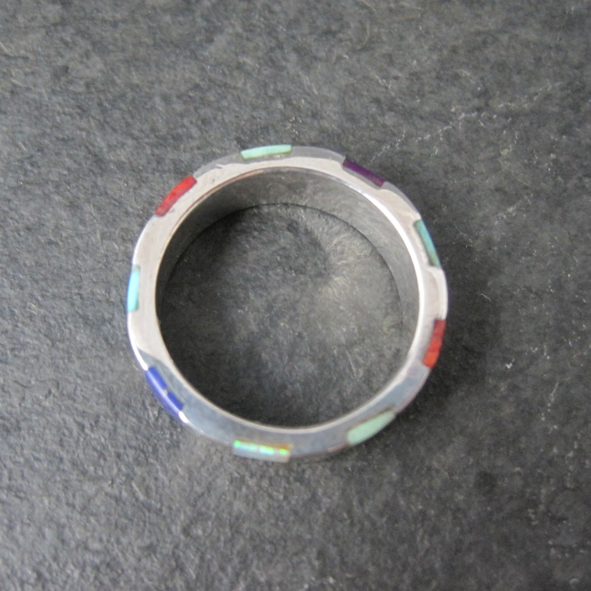 Vintage Inlaid Band Ring Southwestern Sterling Silver Size 7