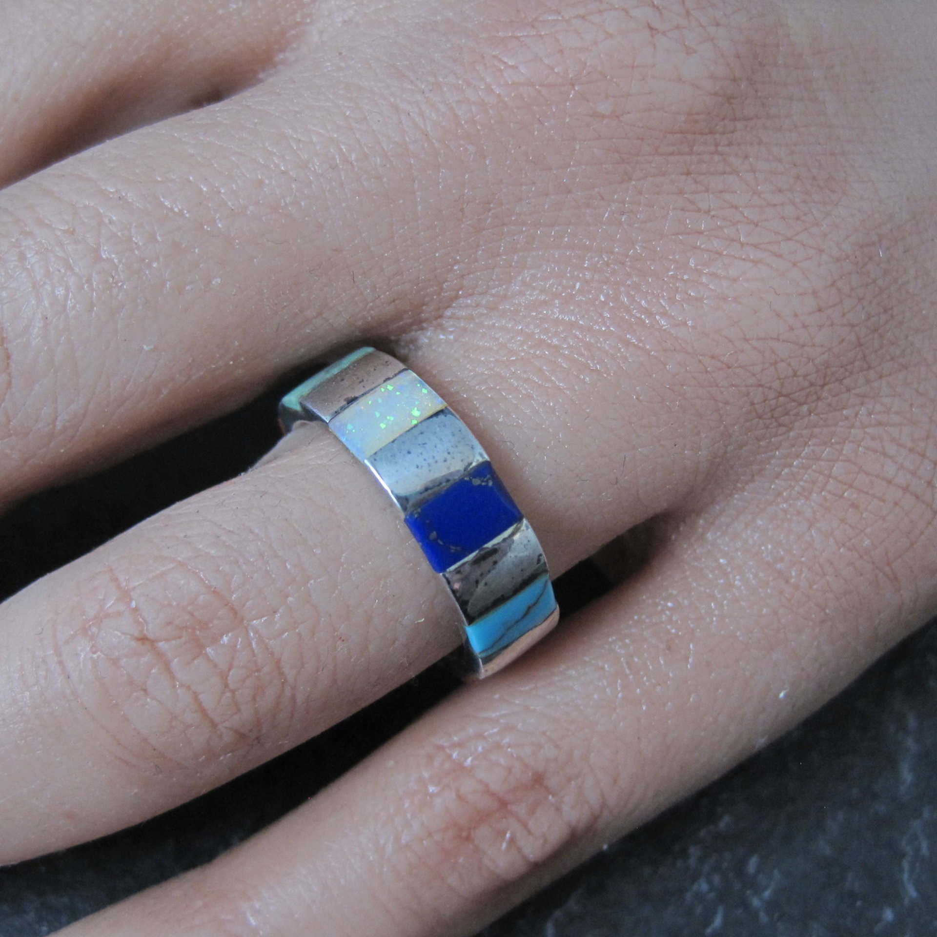 Vintage Inlaid Band Ring Southwestern Sterling Silver Size 7