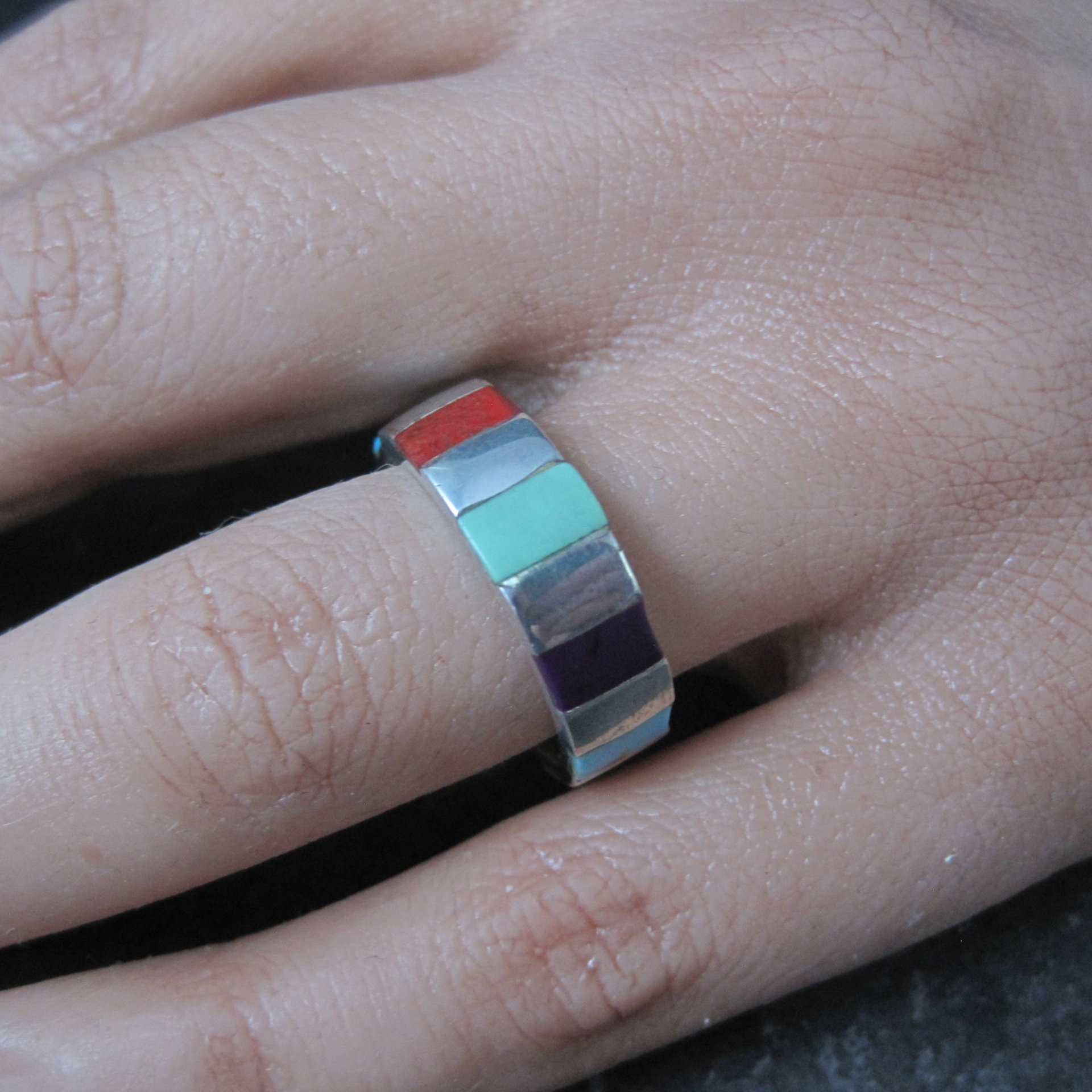Vintage Inlaid Band Ring Southwestern Sterling Silver Size 7