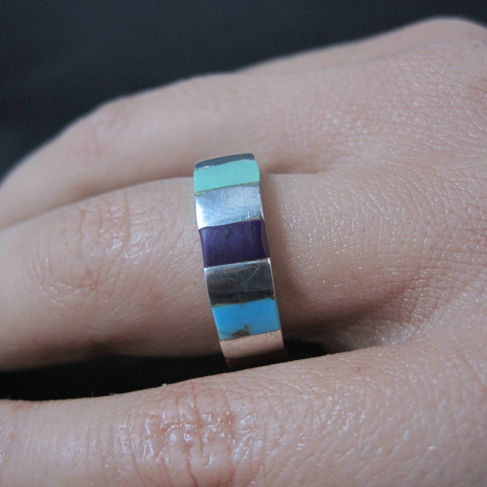 Vintage Inlaid Band Ring Southwestern Sterling Silver Size 7