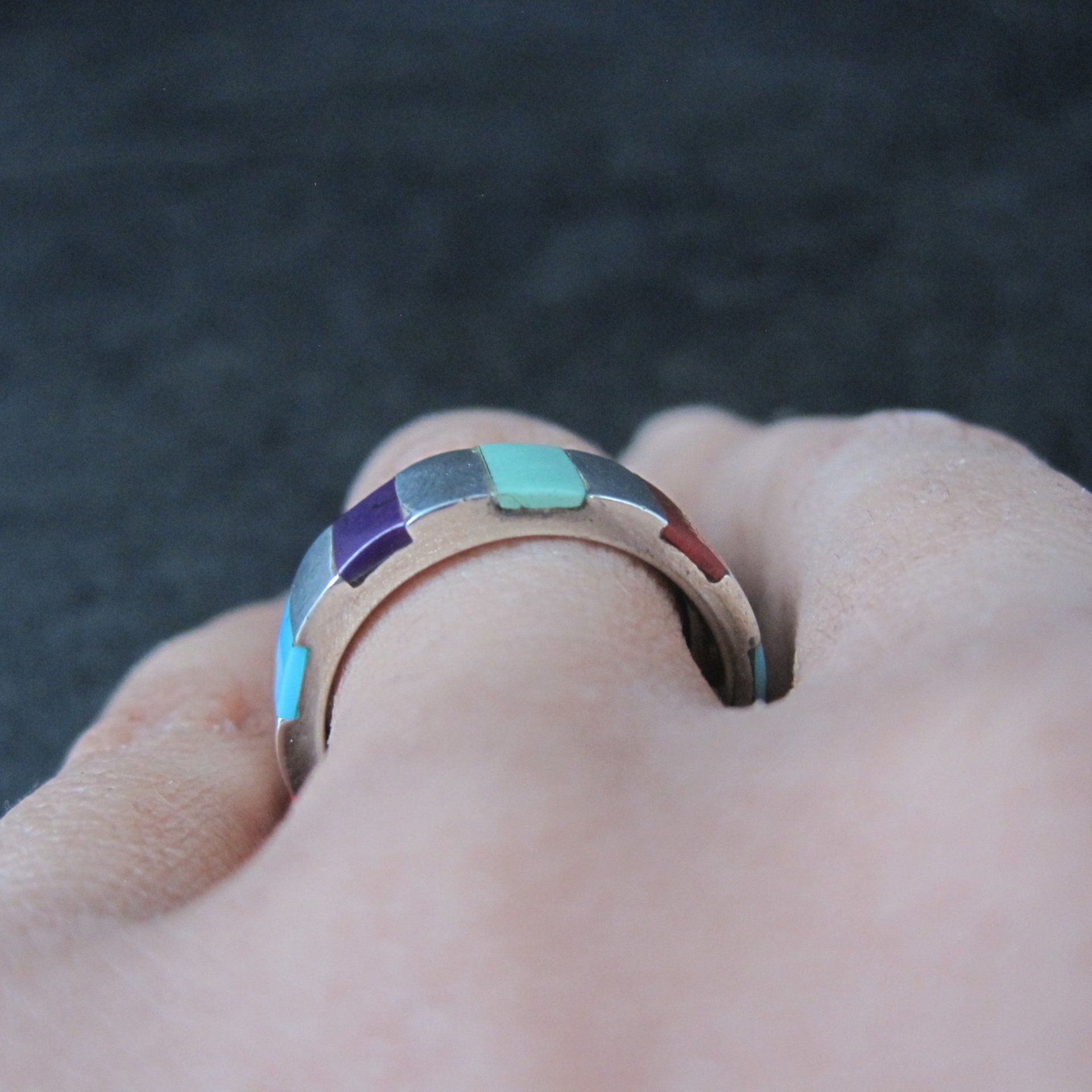 Vintage Inlaid Band Ring Southwestern Sterling Silver Size 7