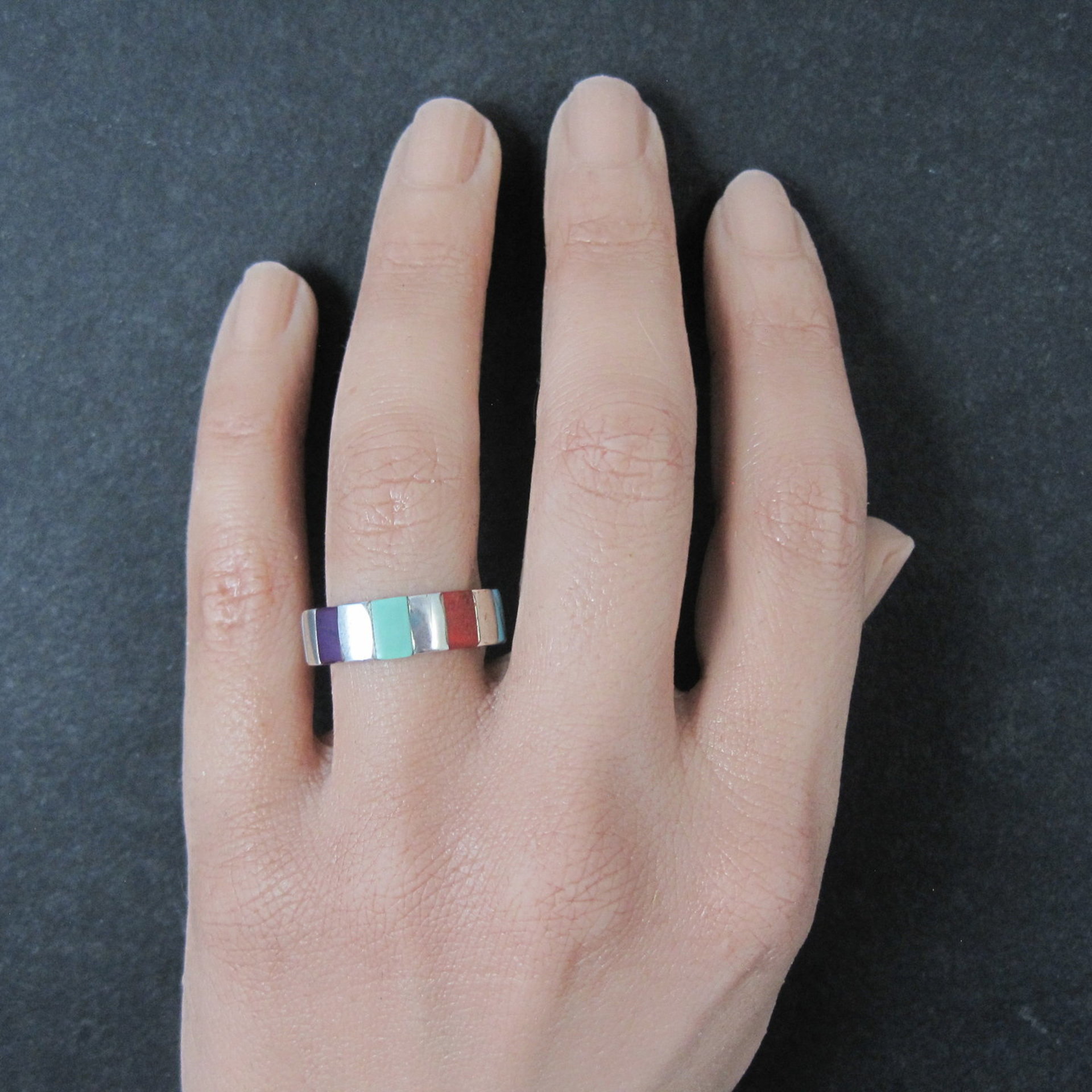 Vintage Inlaid Band Ring Southwestern Sterling Silver Size 7
