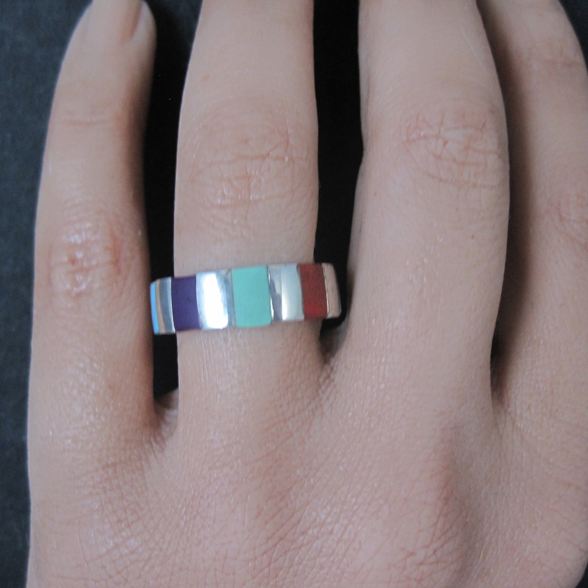 Vintage Inlaid Band Ring Southwestern Sterling Silver Size 7