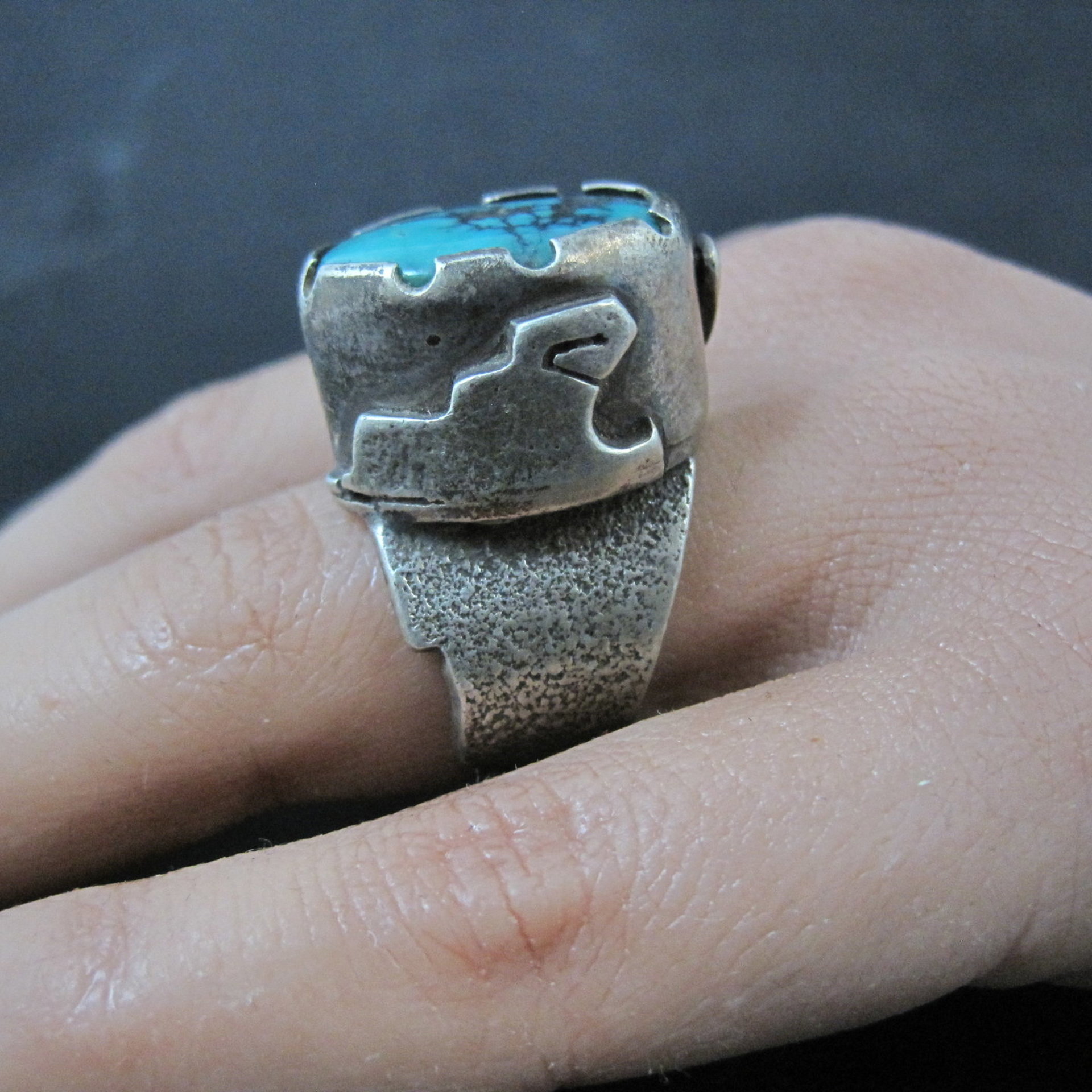 Huge Turquoise Ring Vintage Southwestern Tufa Cast Kewa Jewelry Size 6.5