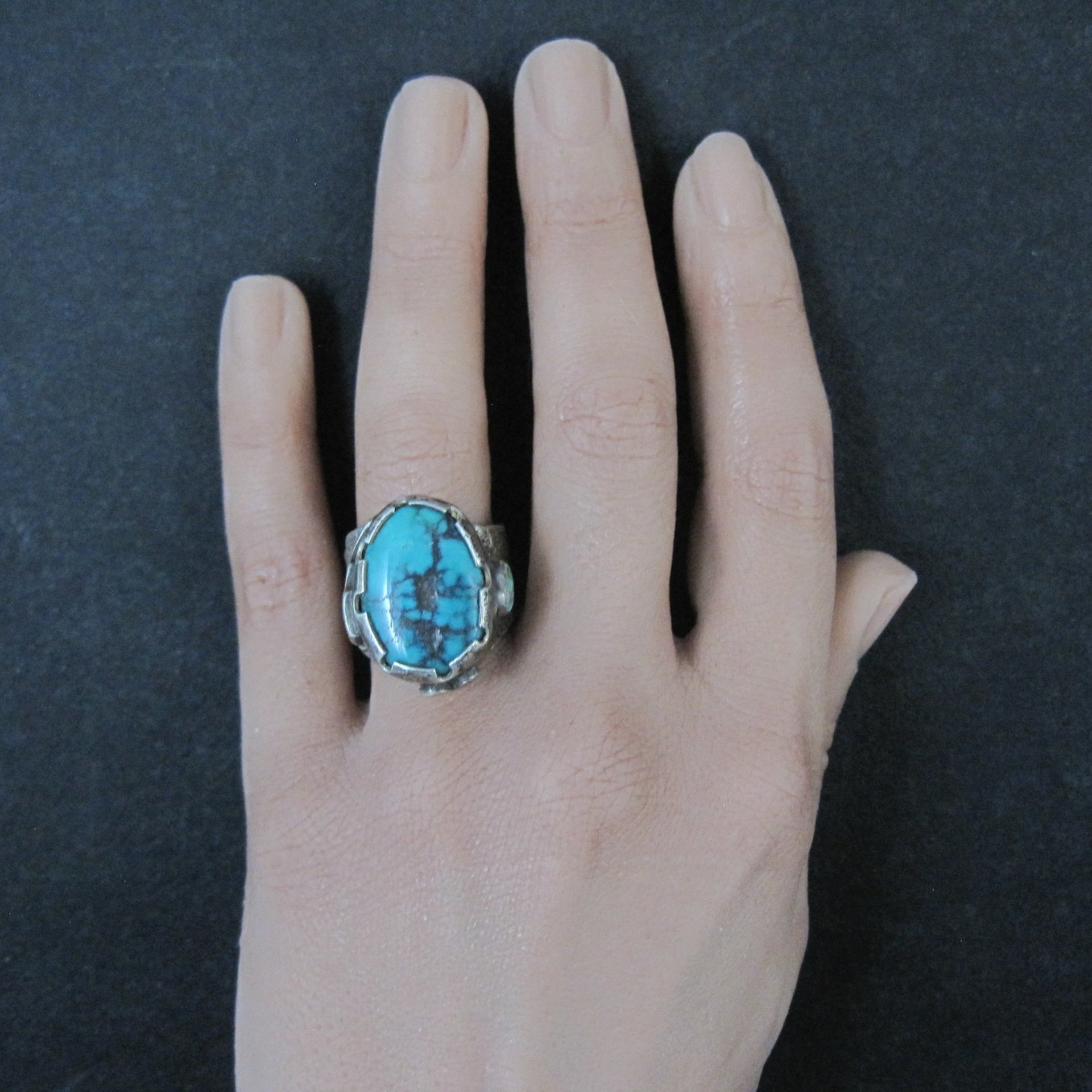 Huge Turquoise Ring Vintage Southwestern Tufa Cast Kewa Jewelry Size 6.5