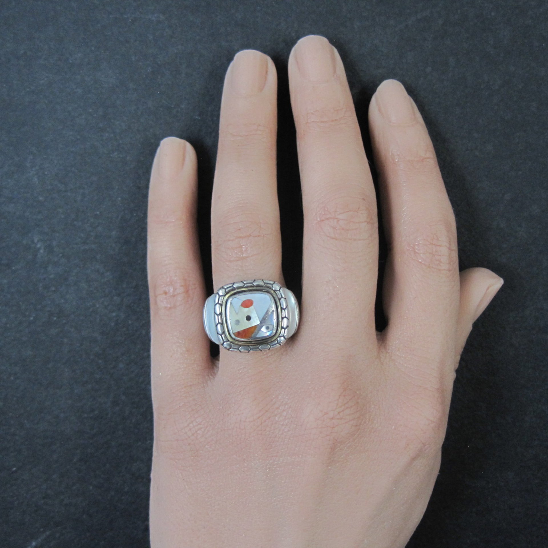 Vintage Sterling 18K Picasso Inlay Ring Size 5.5 Eric Grossbardt