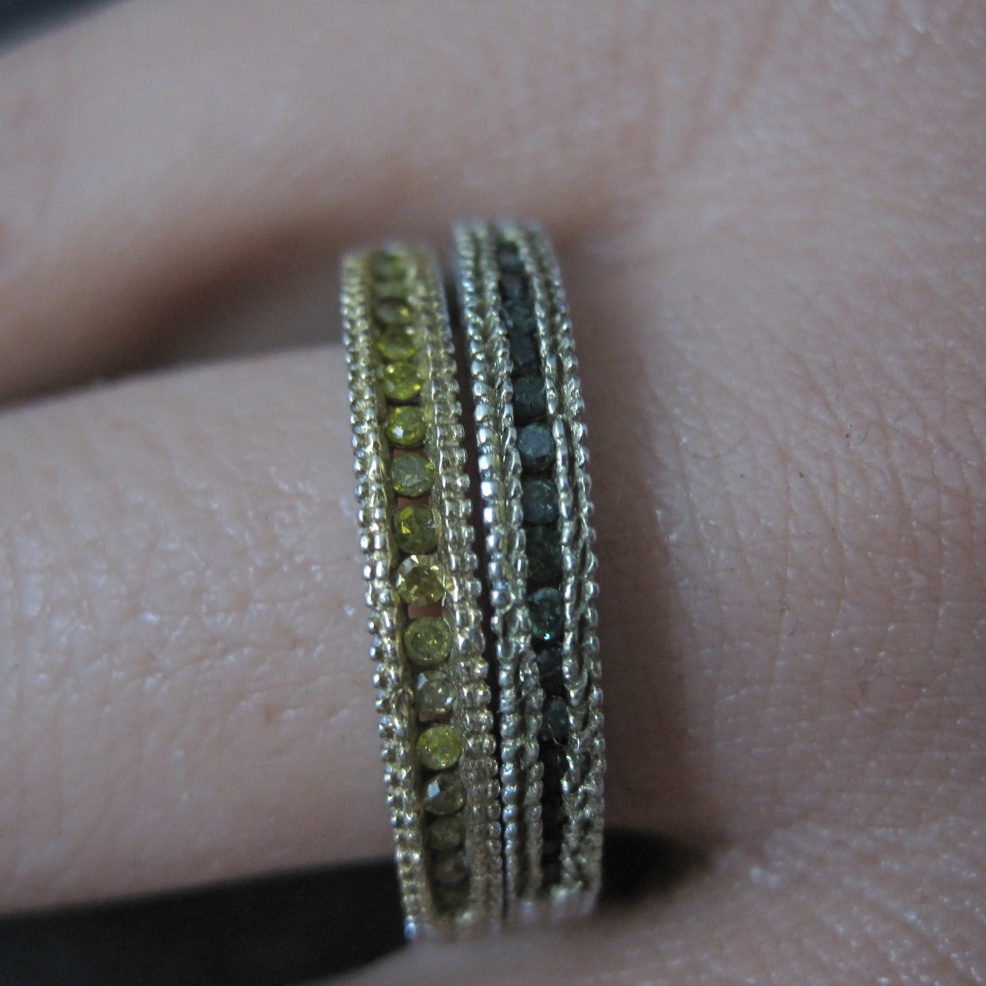 Sterling Silver Green and Yellow Diamond Stacking Rings Size 9 Set of 2 Bands