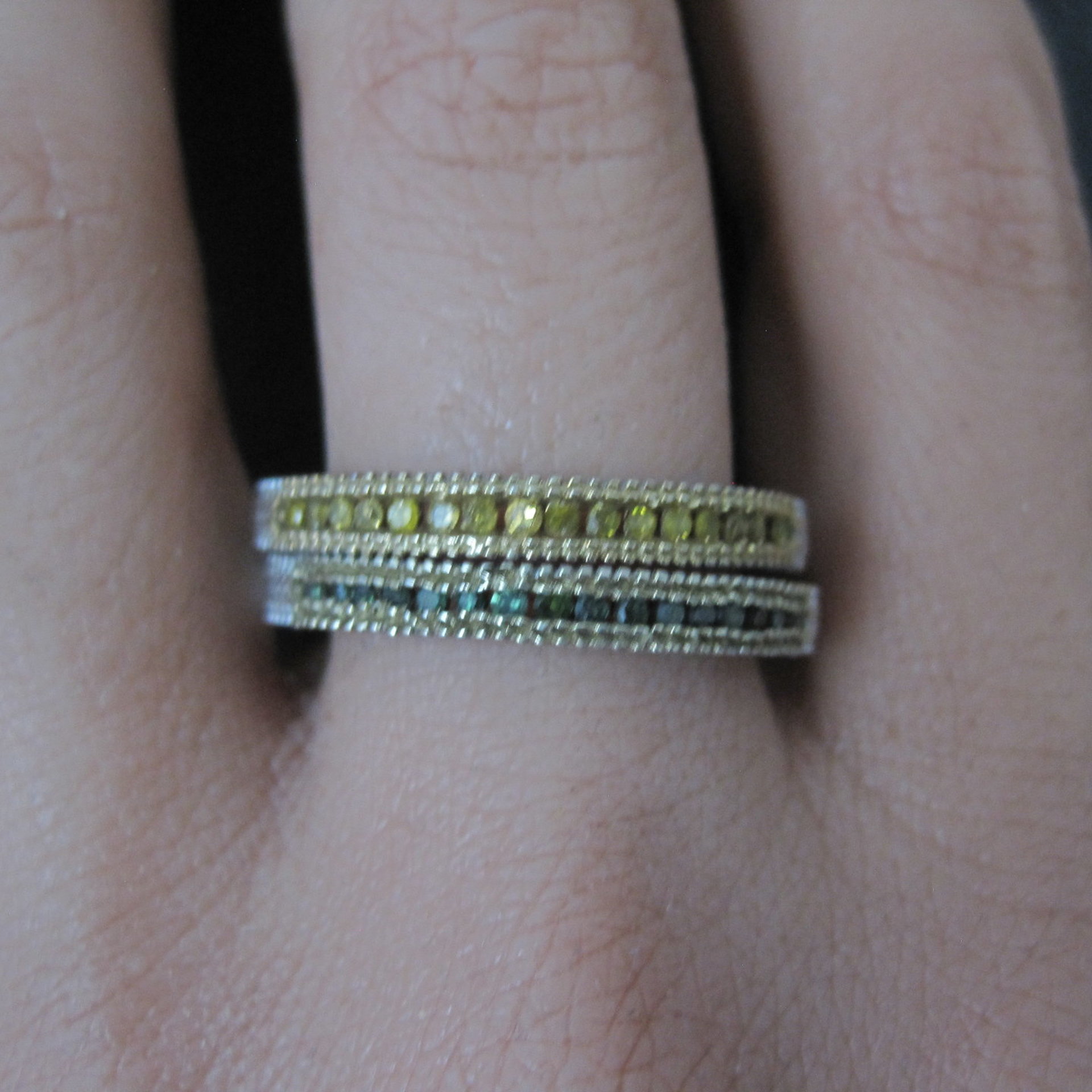 Sterling Silver Green and Yellow Diamond Stacking Rings Size 9 Set of 2 Bands