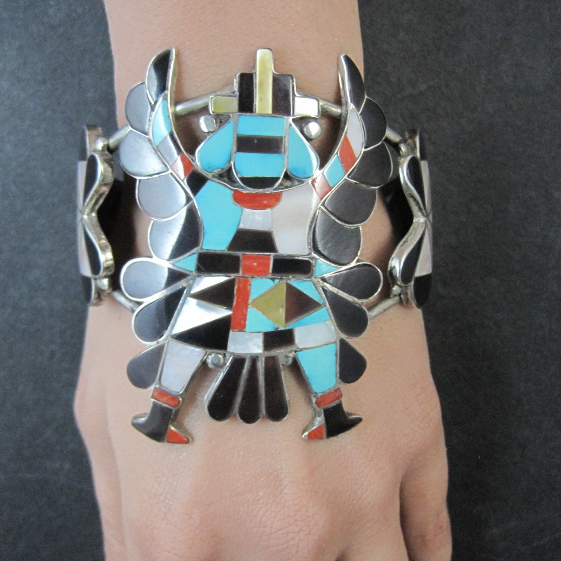 Vintage Zuni Turquoise Coral Inlay Knifewing Cuff Bracelet Annalee Tekala