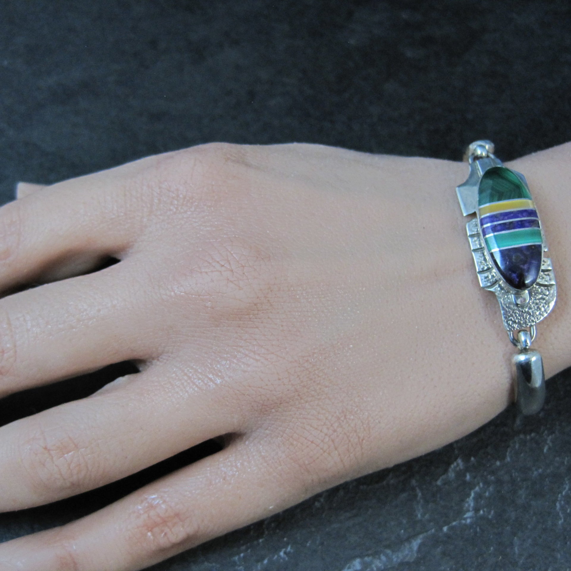 Estate Navajo Inlaid Feather Bracelet 6 Inches G Howe