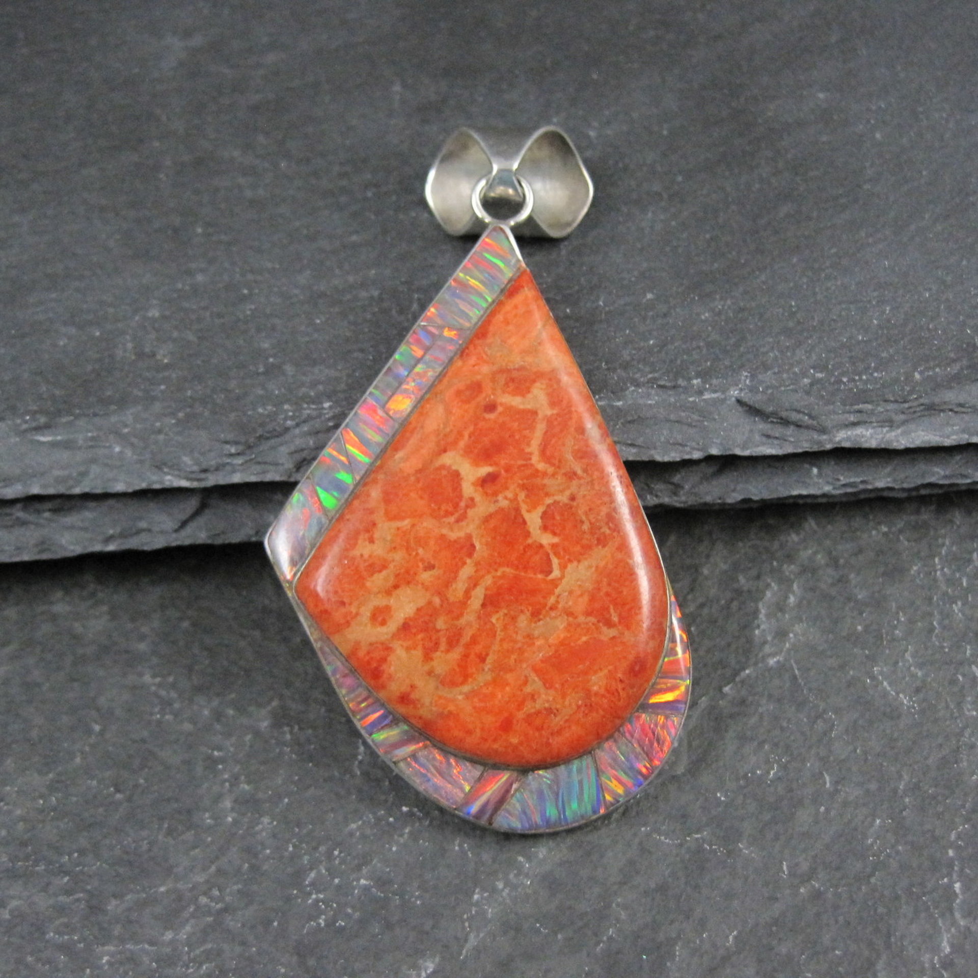 Large Vintage Sponge Coral and Fire Opal Inlay Pendant Zuni Reynetsa Leland 