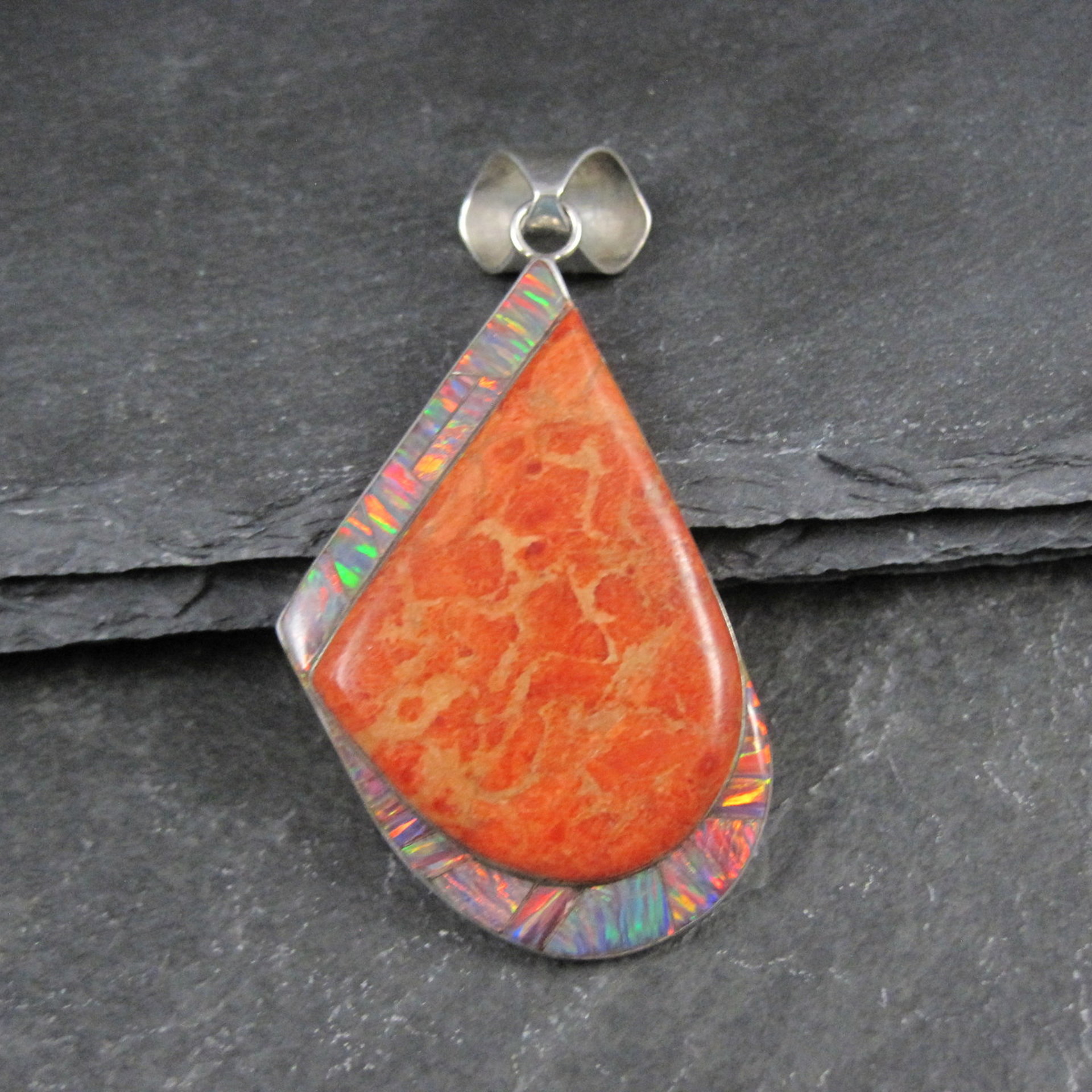 Large Vintage Sponge Coral and Fire Opal Inlay Pendant Zuni Reynetsa Leland 