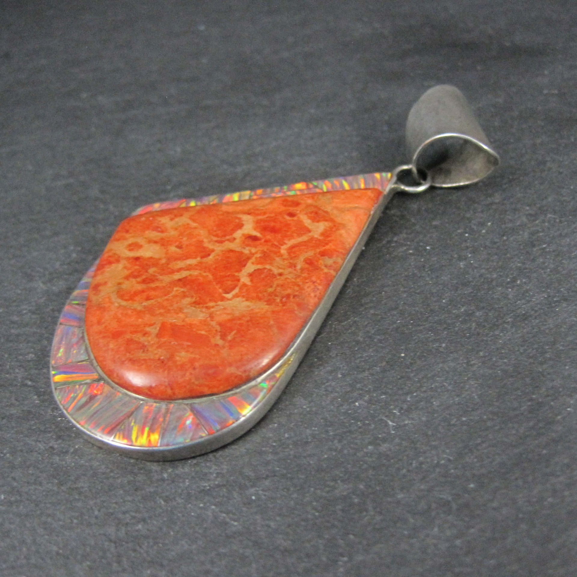 Large Vintage Sponge Coral and Fire Opal Inlay Pendant Zuni Reynetsa Leland 