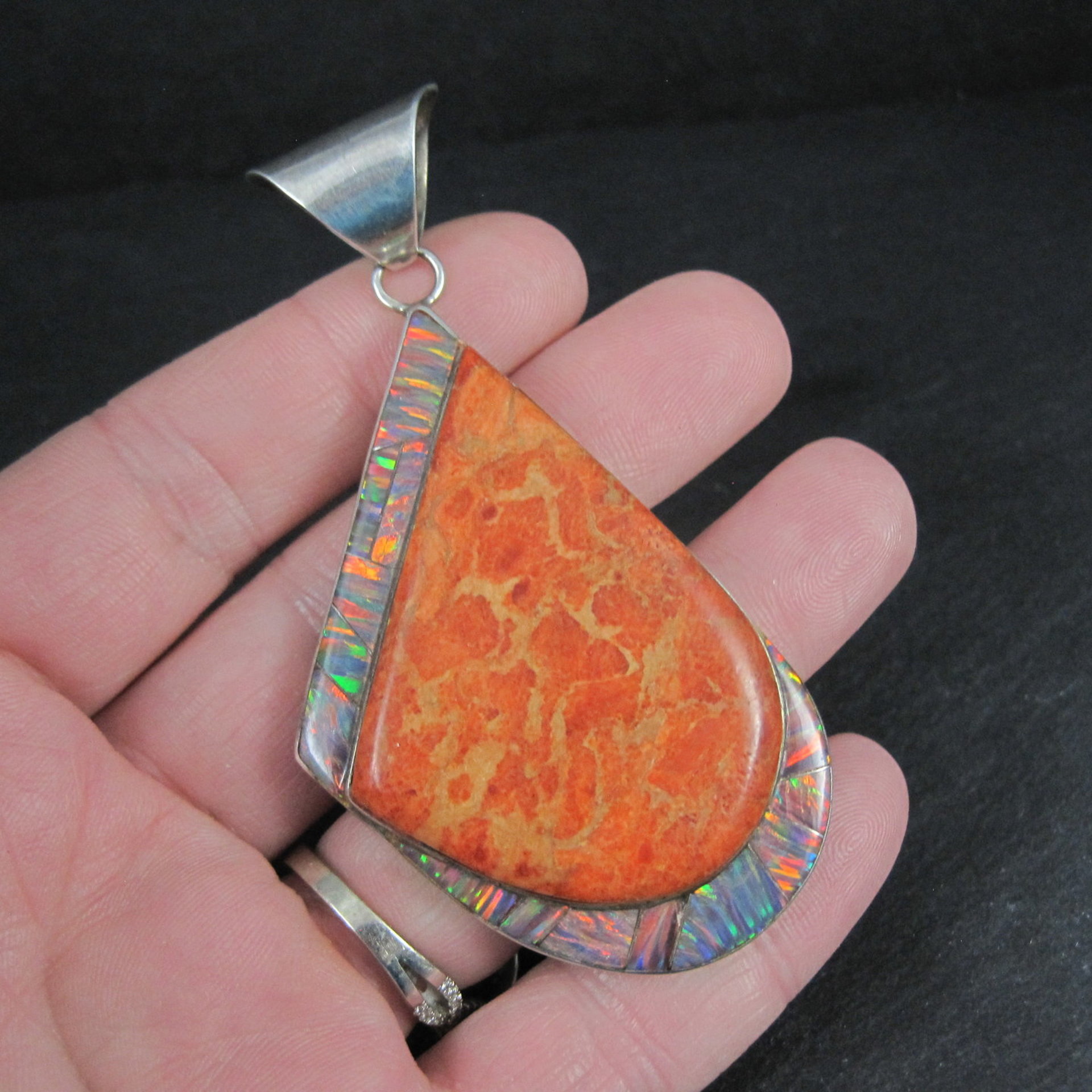 Large Vintage Sponge Coral and Fire Opal Inlay Pendant Zuni Reynetsa Leland 