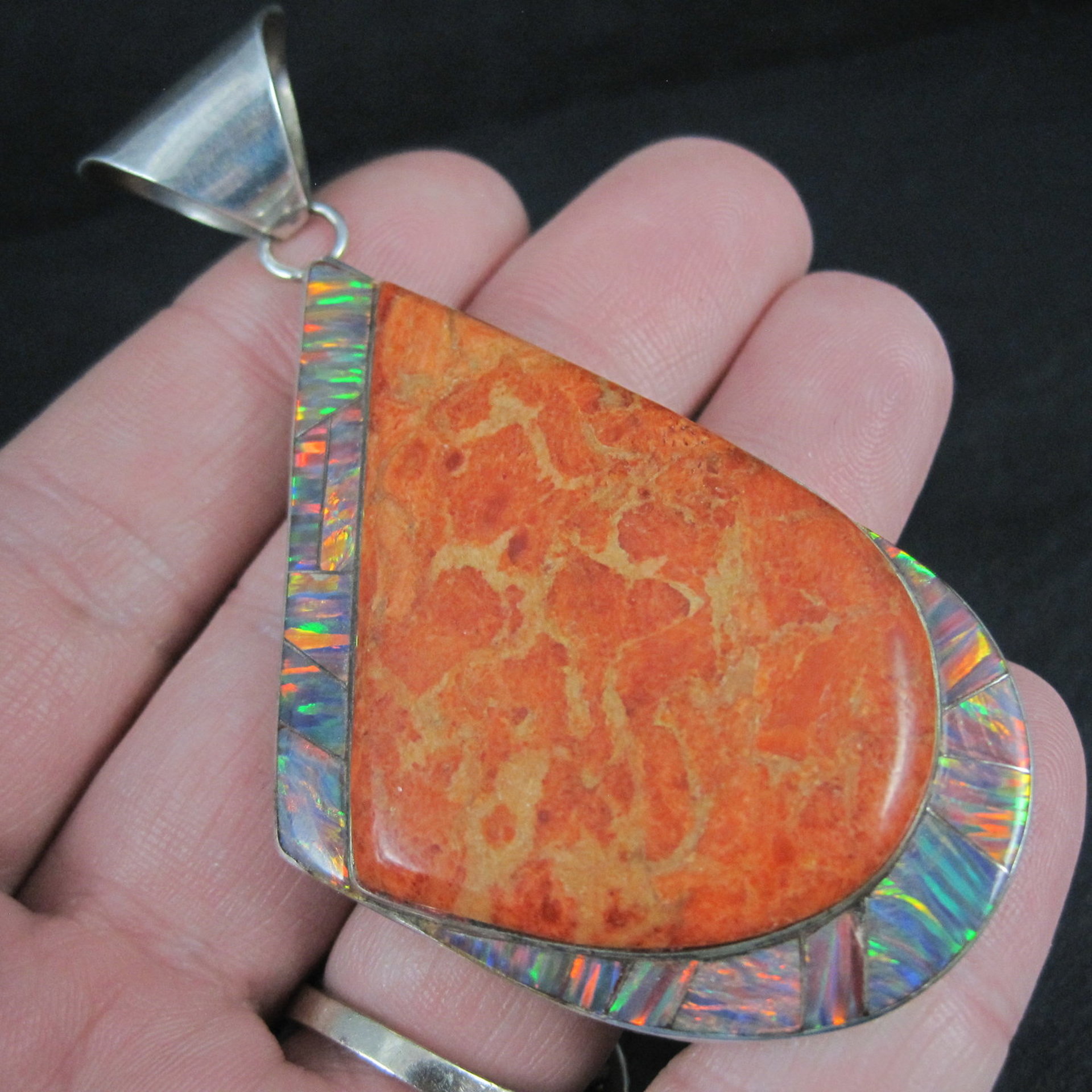 Large Vintage Sponge Coral and Fire Opal Inlay Pendant Zuni Reynetsa Leland 
