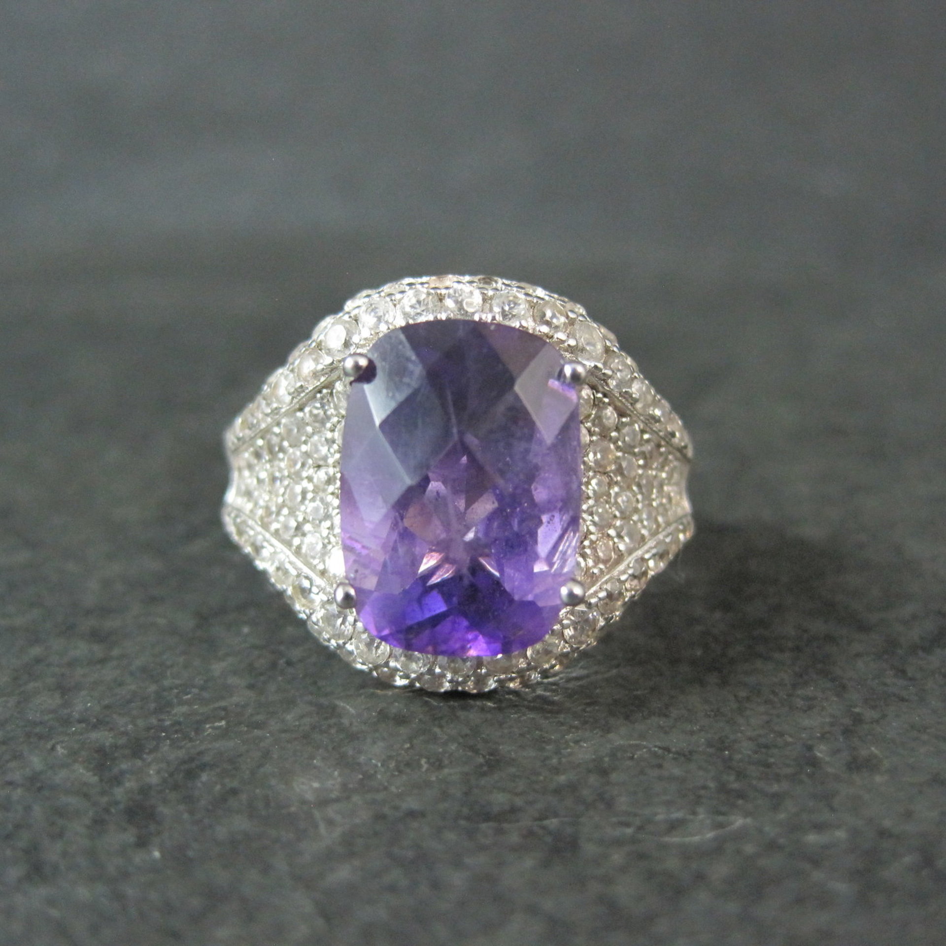 5.50 Carat Amethyst and 3.08 ctw White Zircon Ring in Sterling Silver Size 10