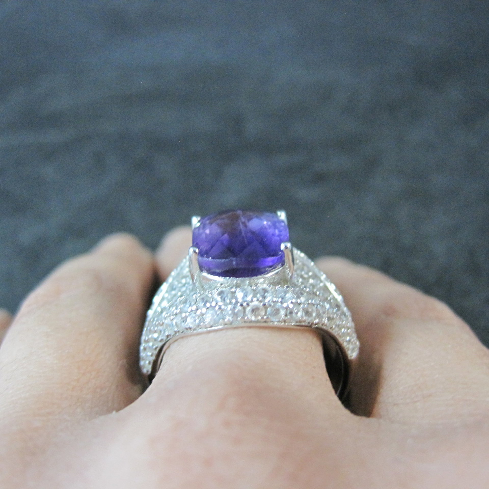 5.50 Carat Amethyst and 3.08 ctw White Zircon Ring in Sterling Silver Size 10