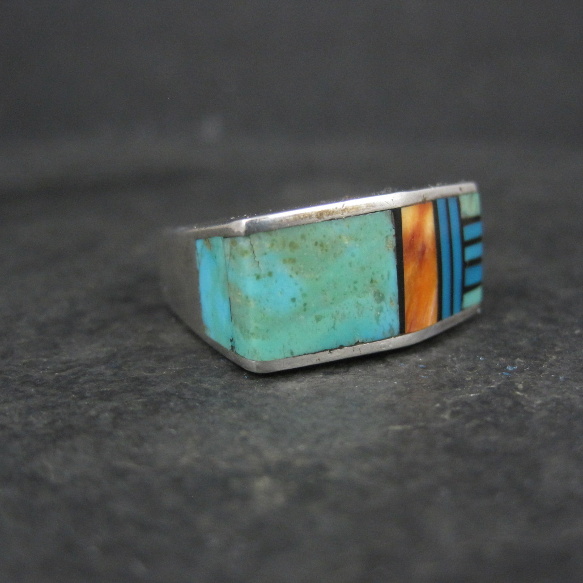 Vintage Southwestern Sterling Turquoise Spiny Oyster Inlay Ring Size 7