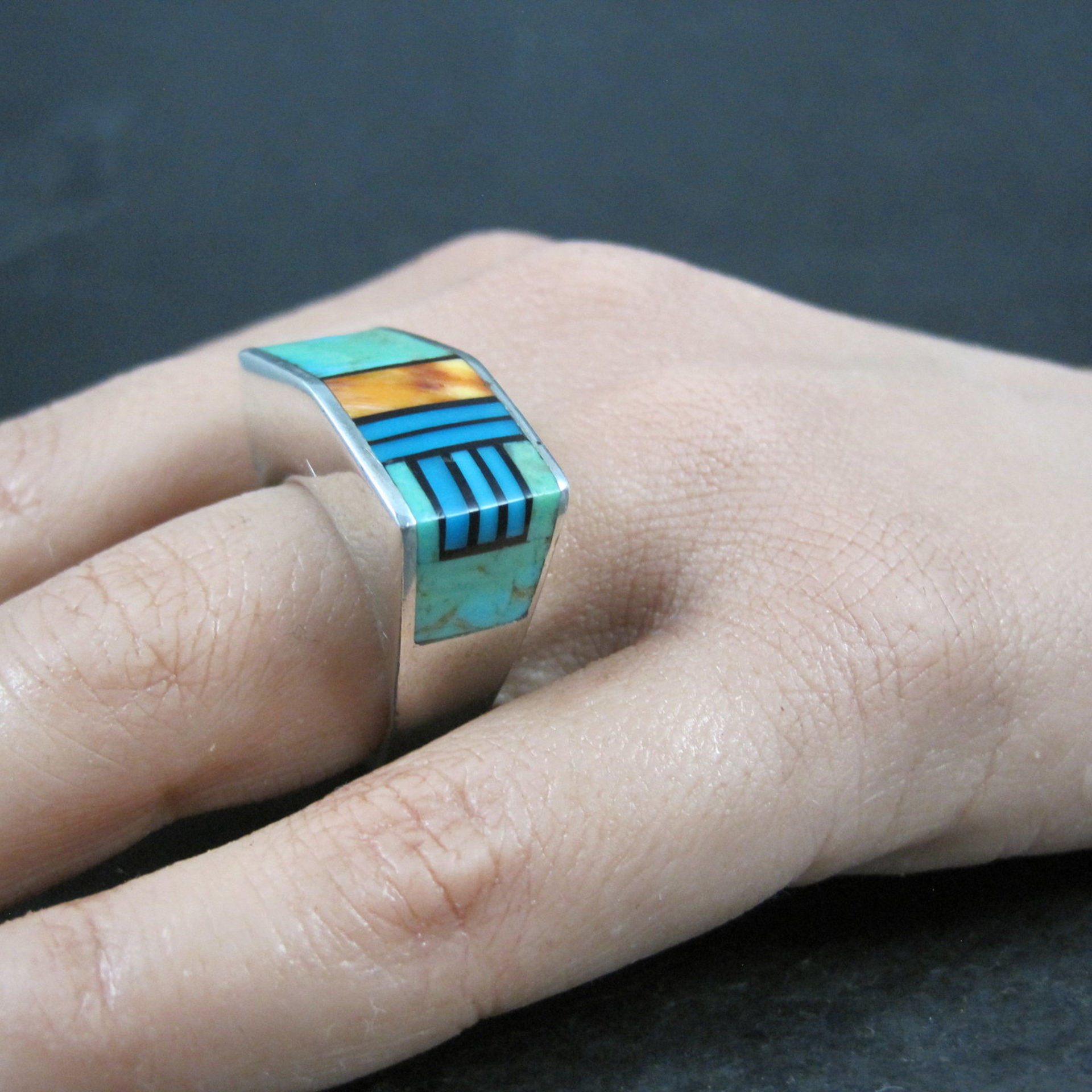Vintage Southwestern Sterling Turquoise Spiny Oyster Inlay Ring Size 7