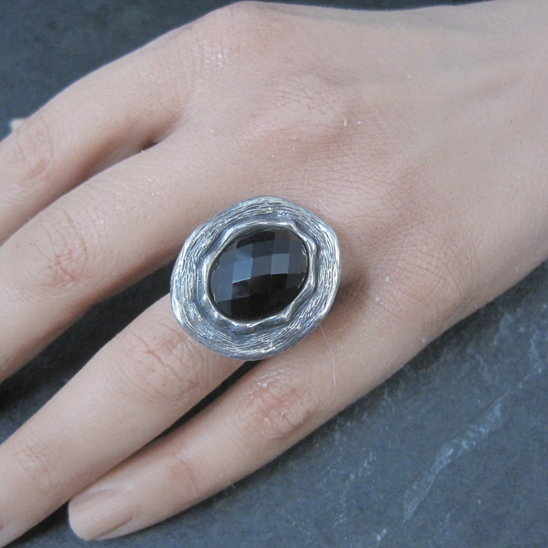 Vintage Gothic Chunky Onyx Sterling Ring Size 6