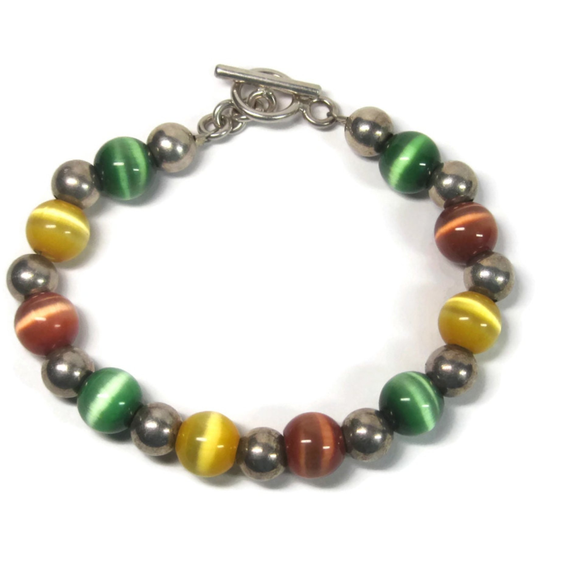 Chunky Vintage Sterling Cats Eye Bead Toggle Bracelet 7.5 Inches