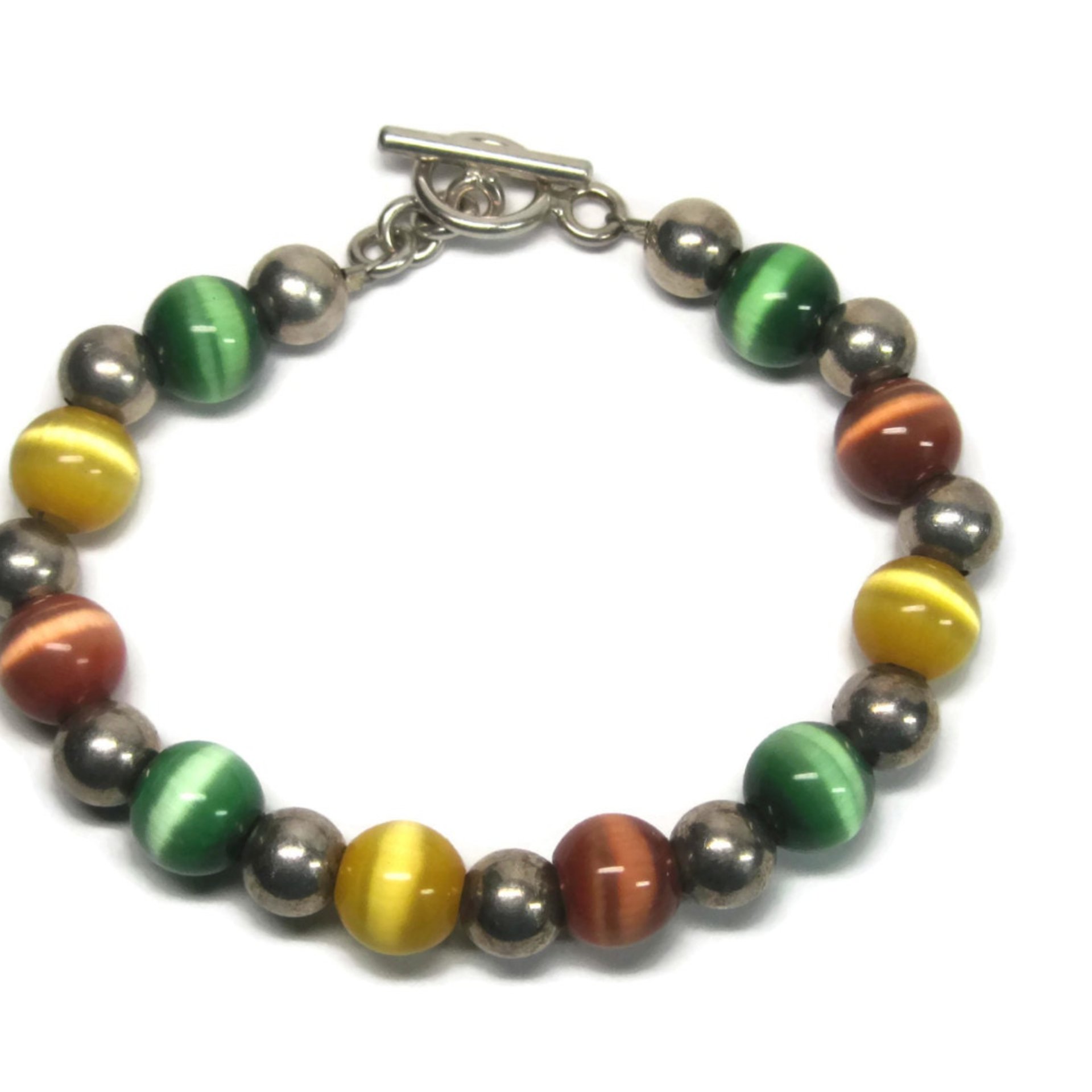 Chunky Vintage Sterling Cats Eye Bead Toggle Bracelet 7.5 Inches