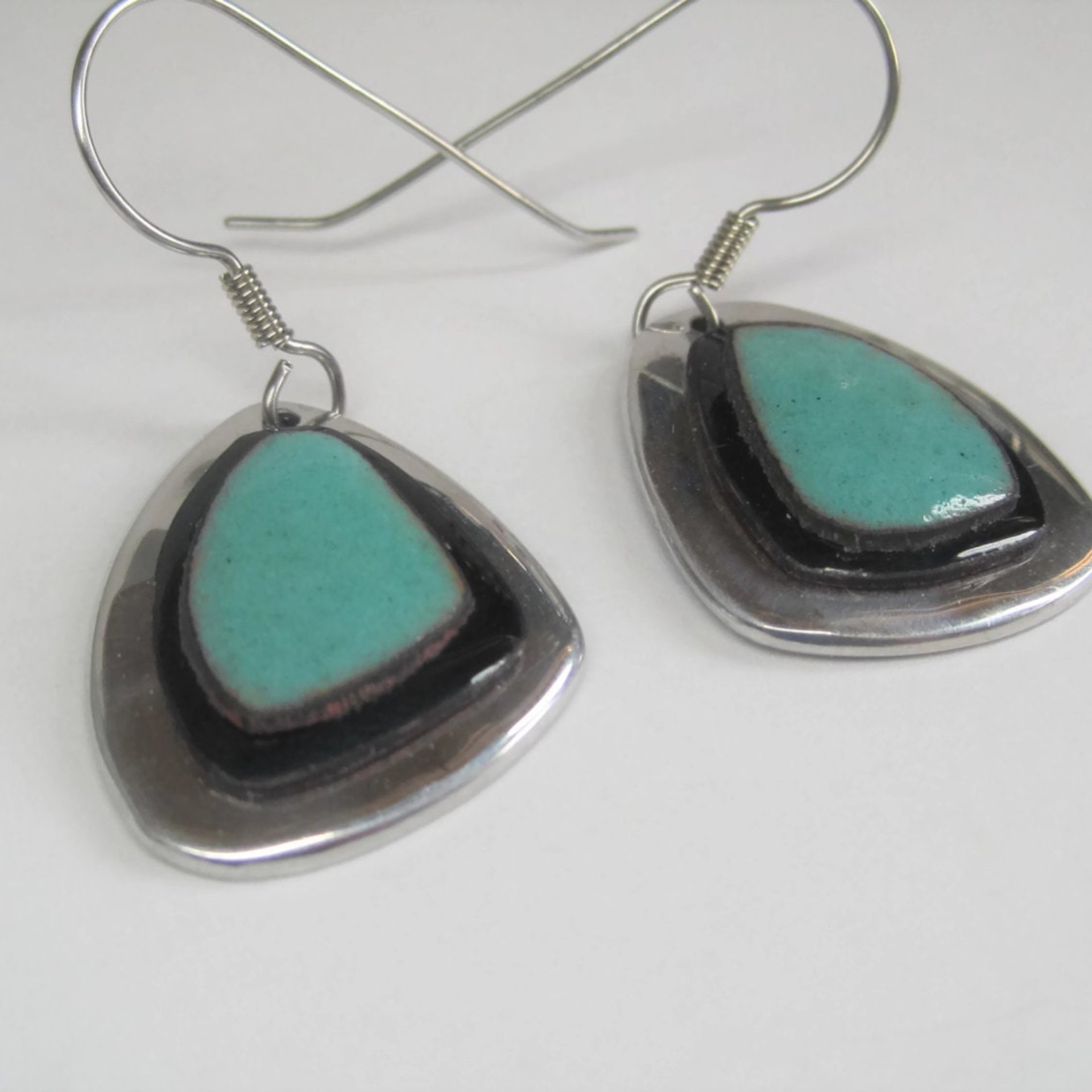 Estate Sterling Black and Turquoise Ceramic Earrings