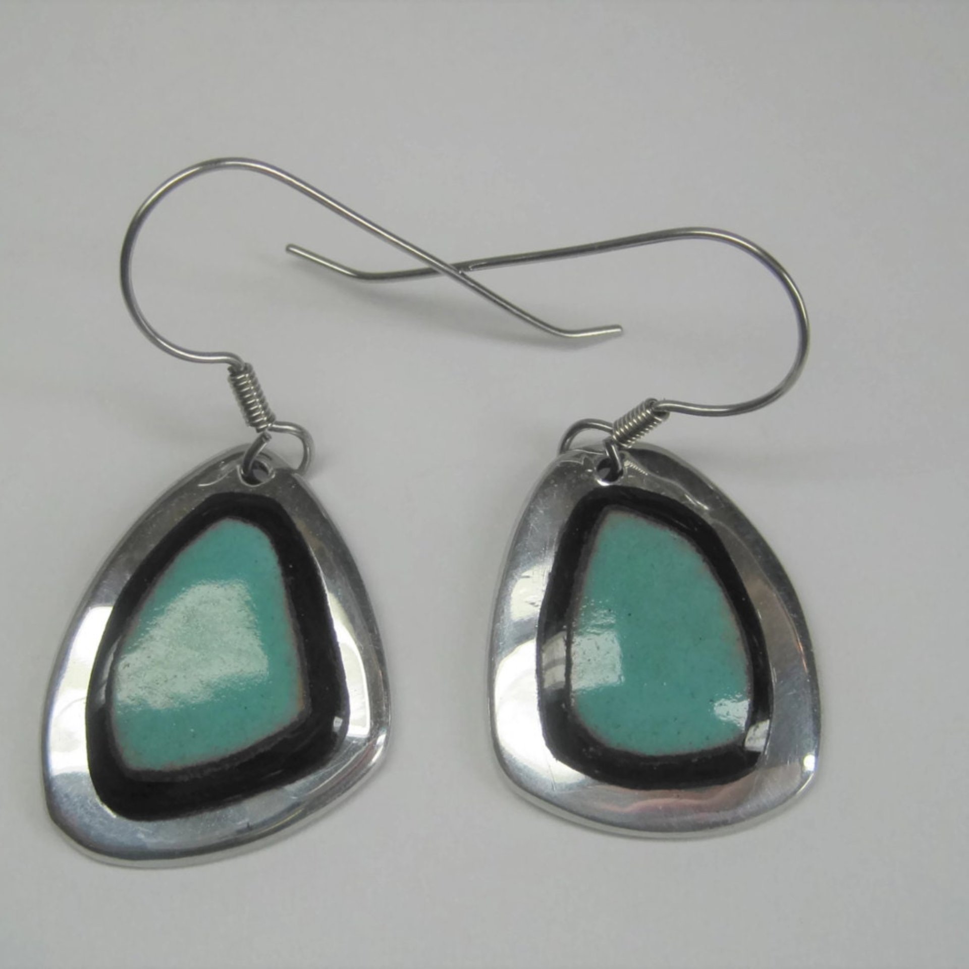 Estate Sterling Black and Turquoise Ceramic Earrings