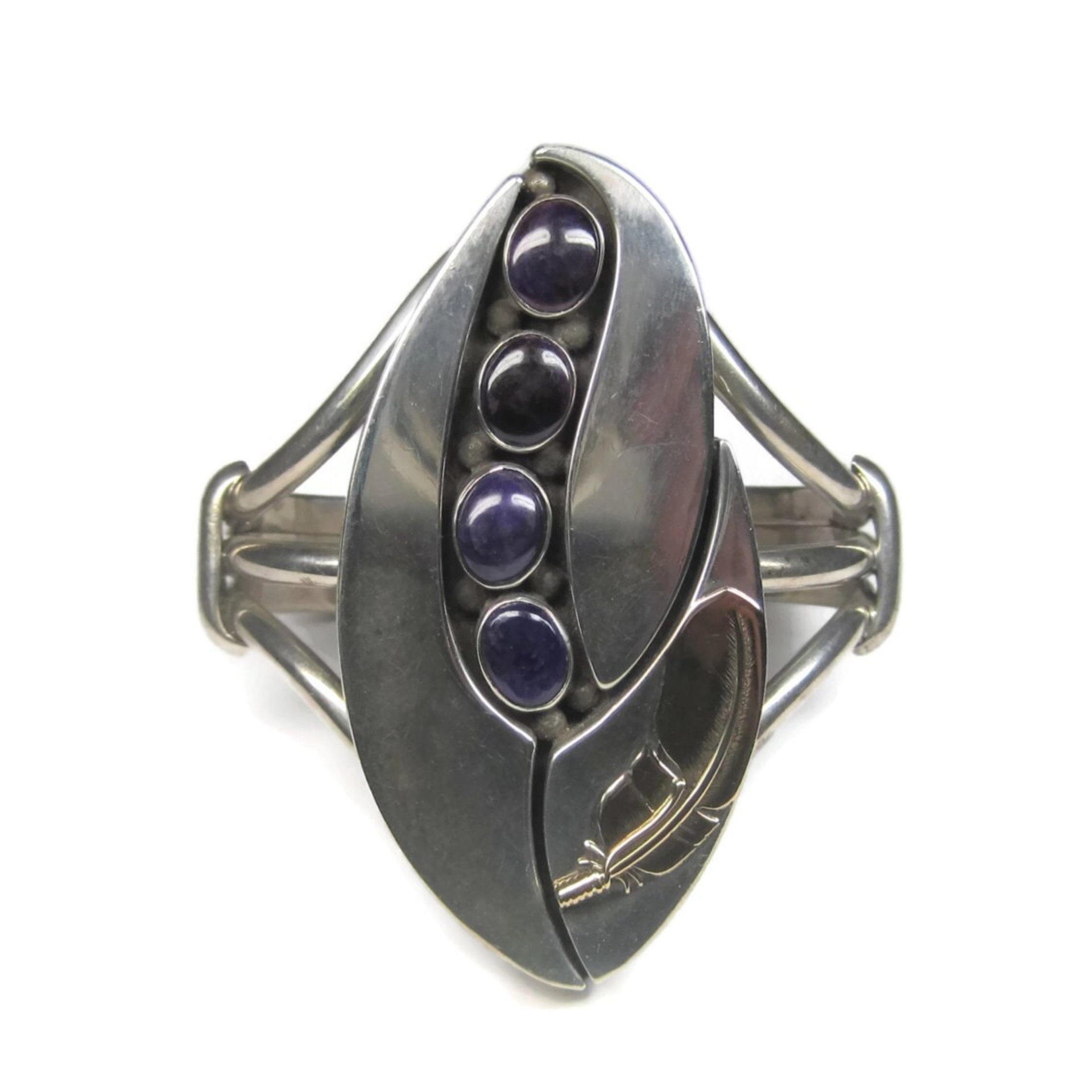 Sterling Navajo Sugilite Feather Cuff Bracelet Wilbert Cora Vandever