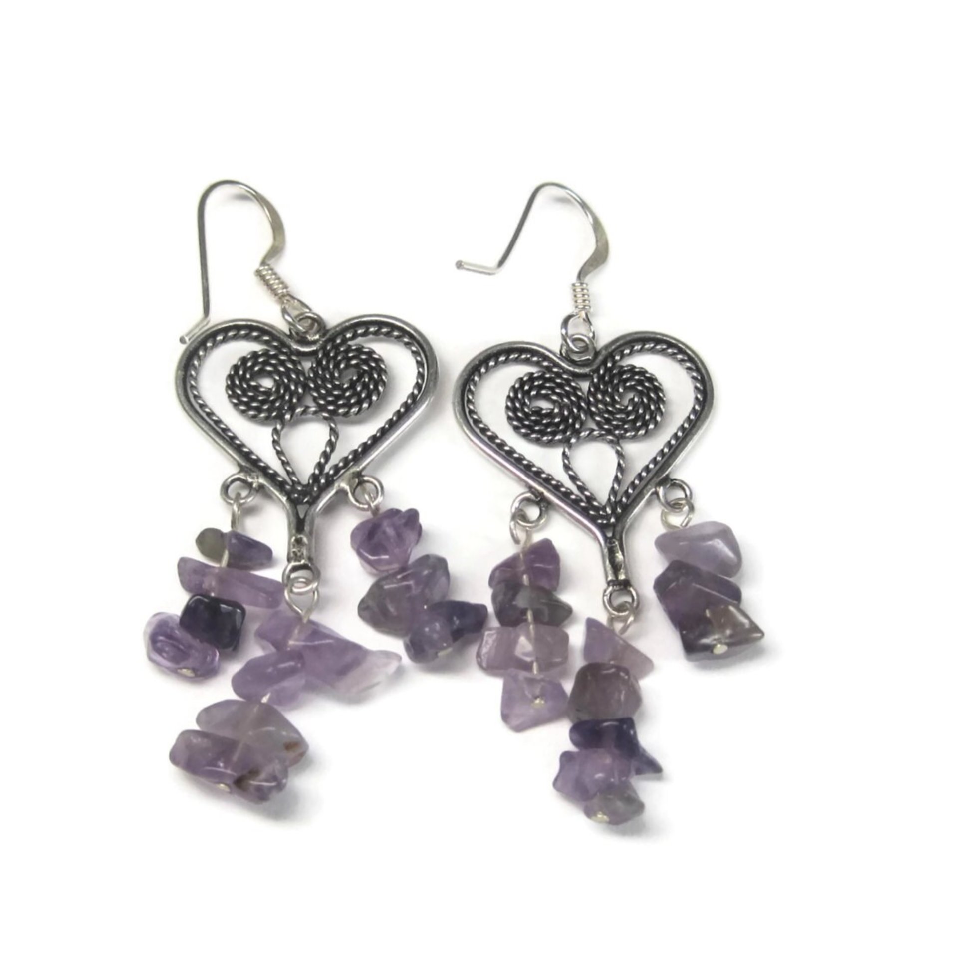 Vintage 90s Sterling Amethyst Heart Earrings