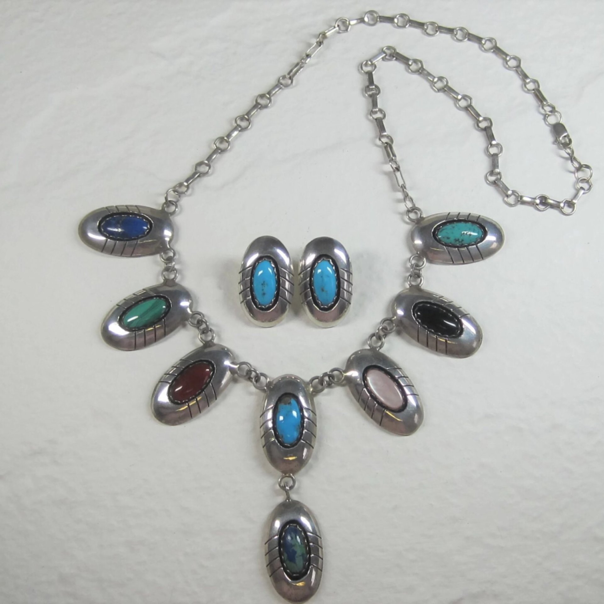 Estate Navajo Multi Stone Necklace and Earrings Native American Jewelry Set