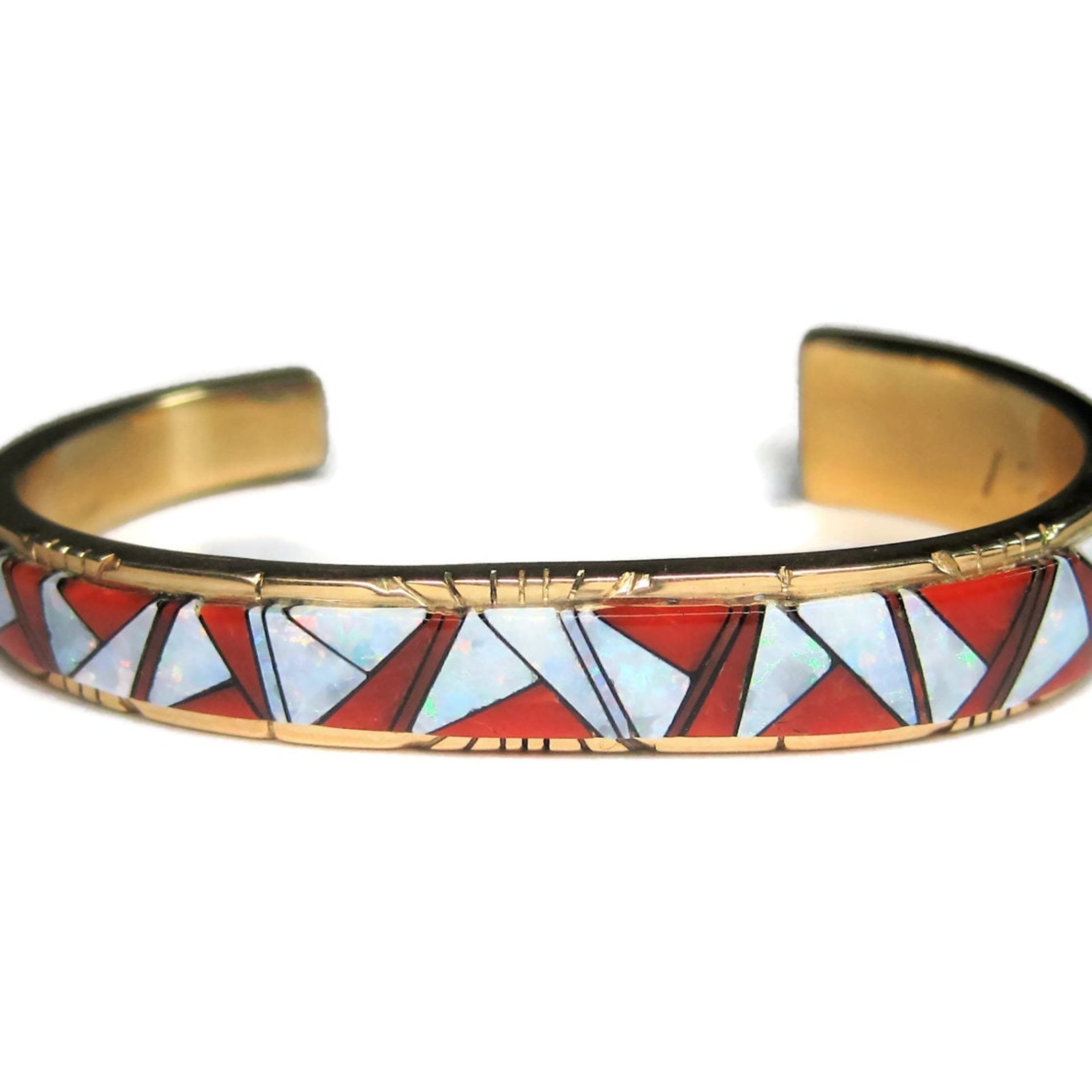 Vintage 14K Coral Opal Inlay Cuff Bracelet 5.75 Inches