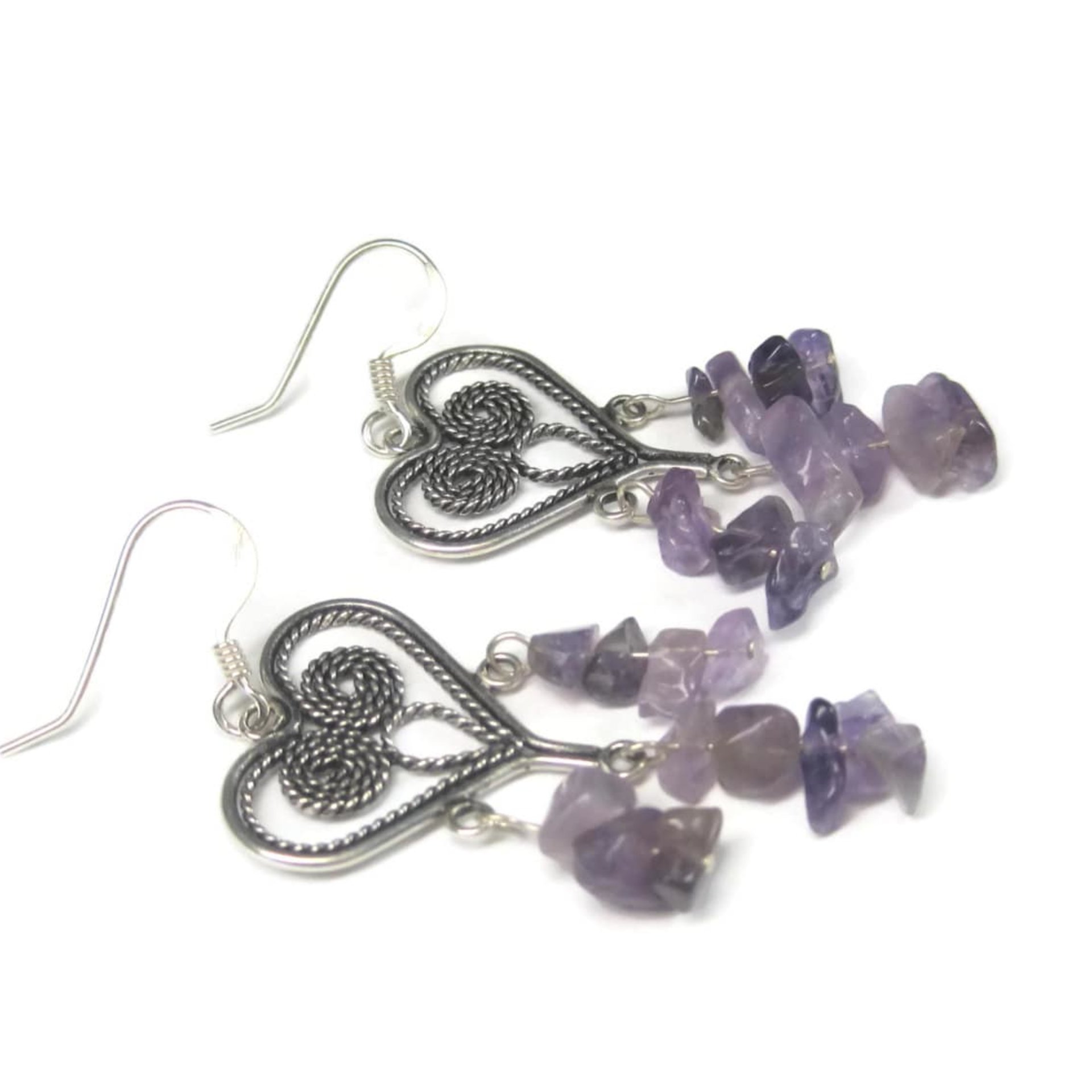 Vintage 90s Sterling Amethyst Heart Earrings