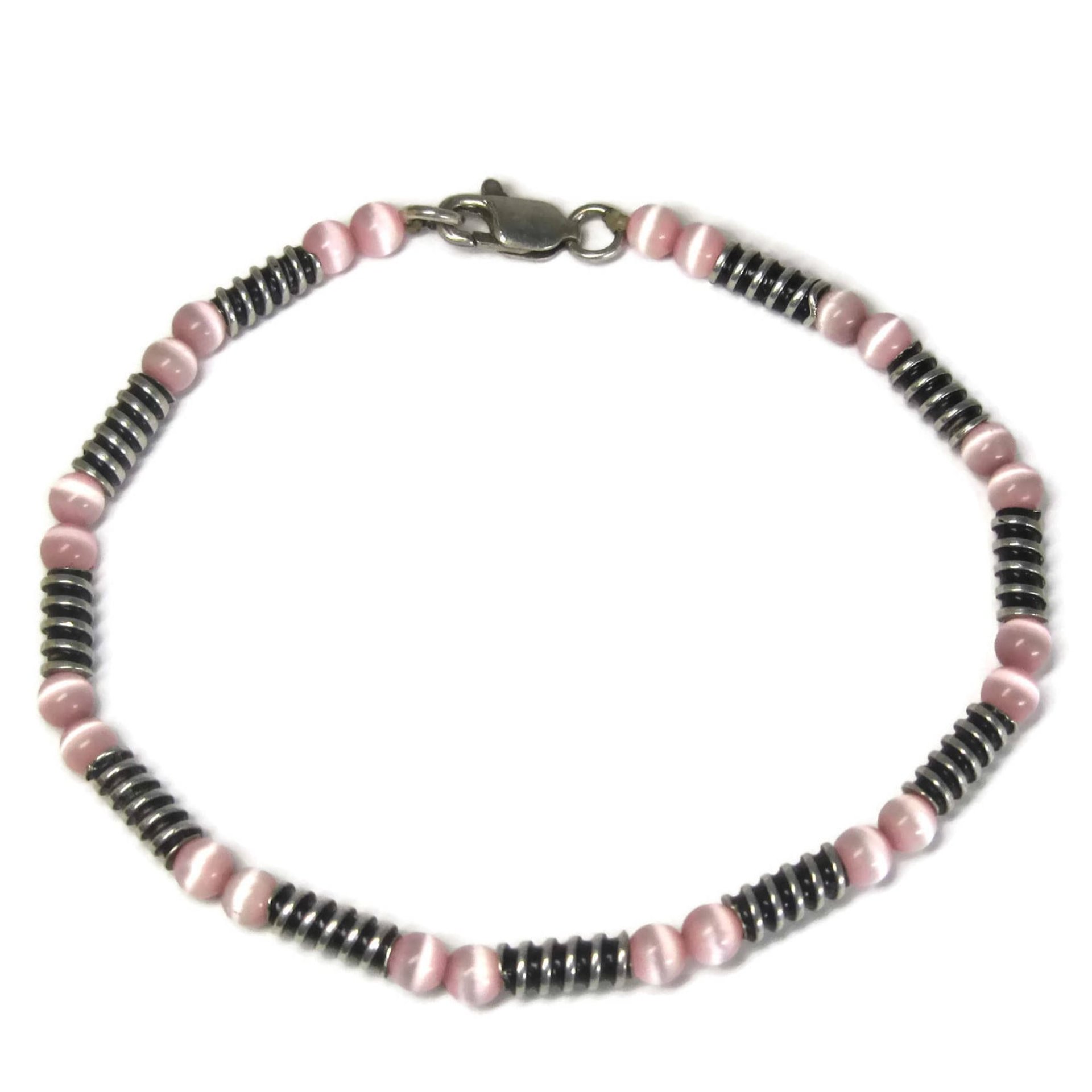 Estate Handmade Sterling Pink Cats Eye Bracelet 8 Inches