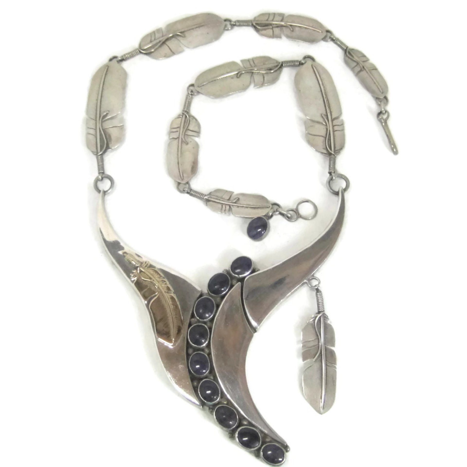 Navajo Sugilite Feather Necklace Wilbert Vandever Sterling Silver and 14K Yellow Gold
