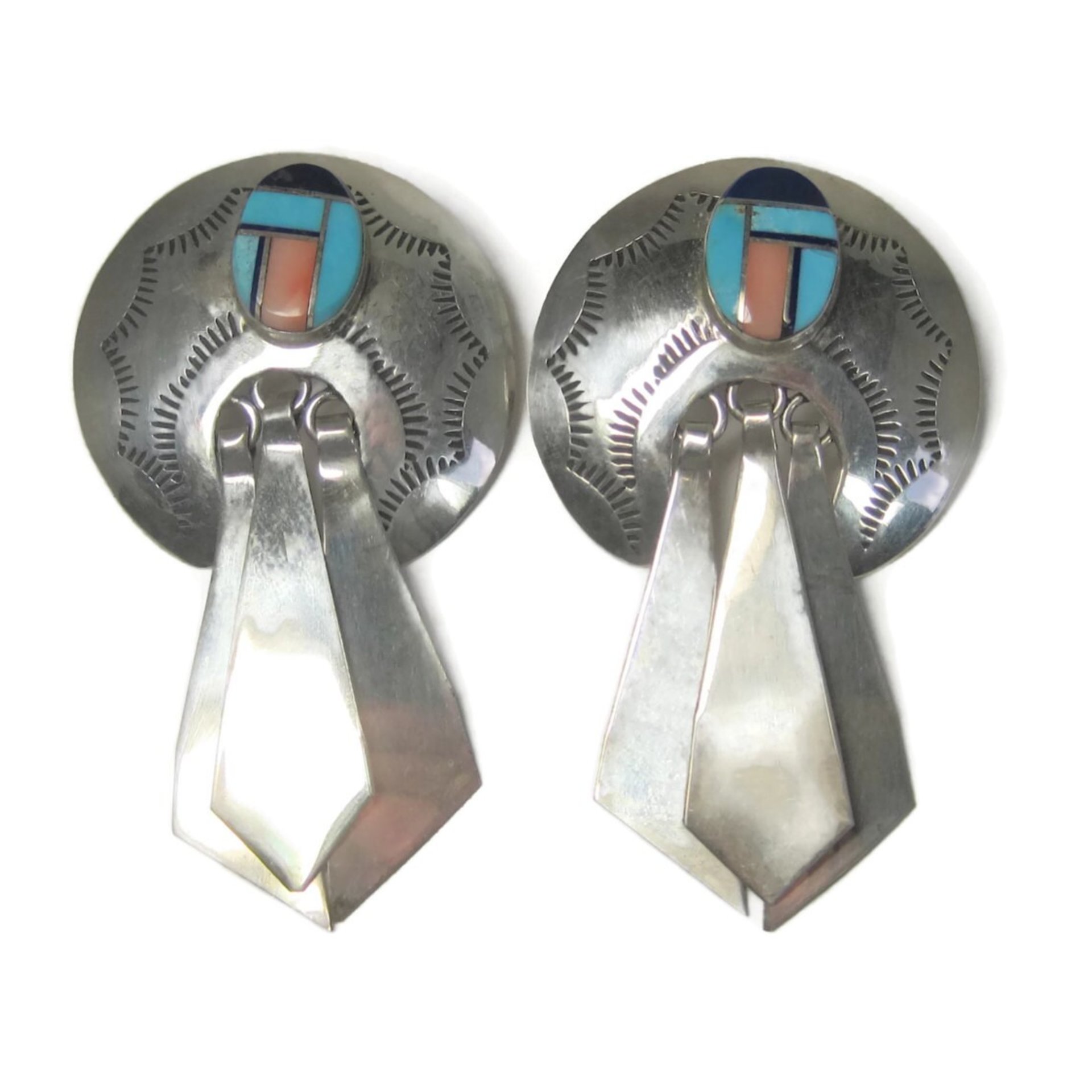 Large Sterling Navajo Turquoise Inlay Earrings