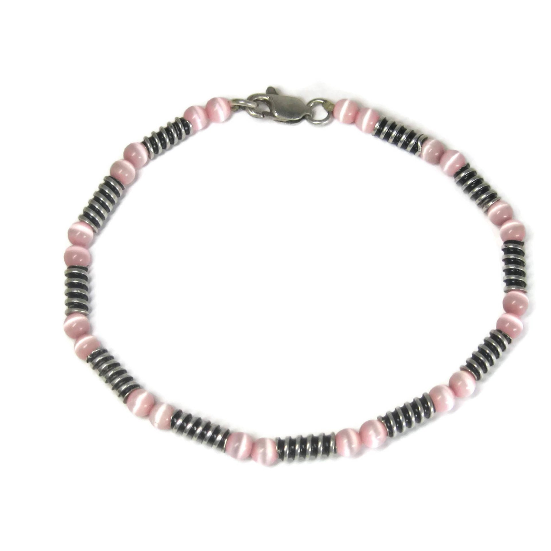 Estate Handmade Sterling Pink Cats Eye Bracelet 8 Inches
