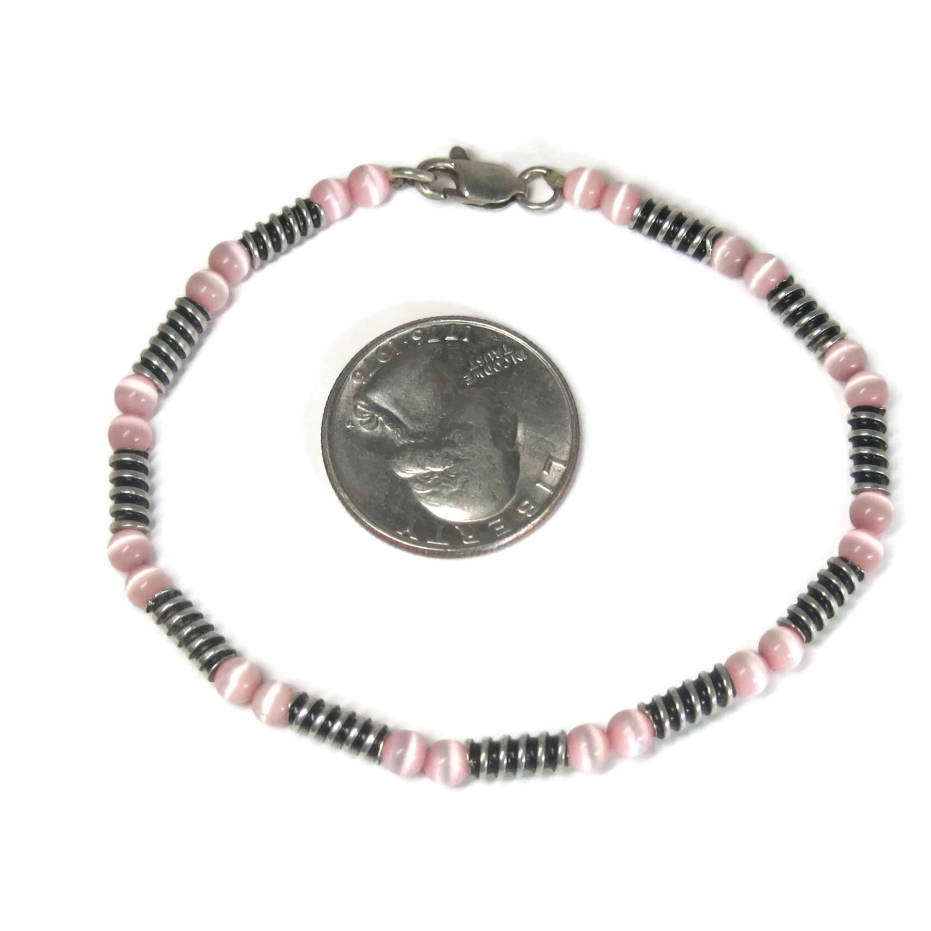 Estate Handmade Sterling Pink Cats Eye Bracelet 8 Inches