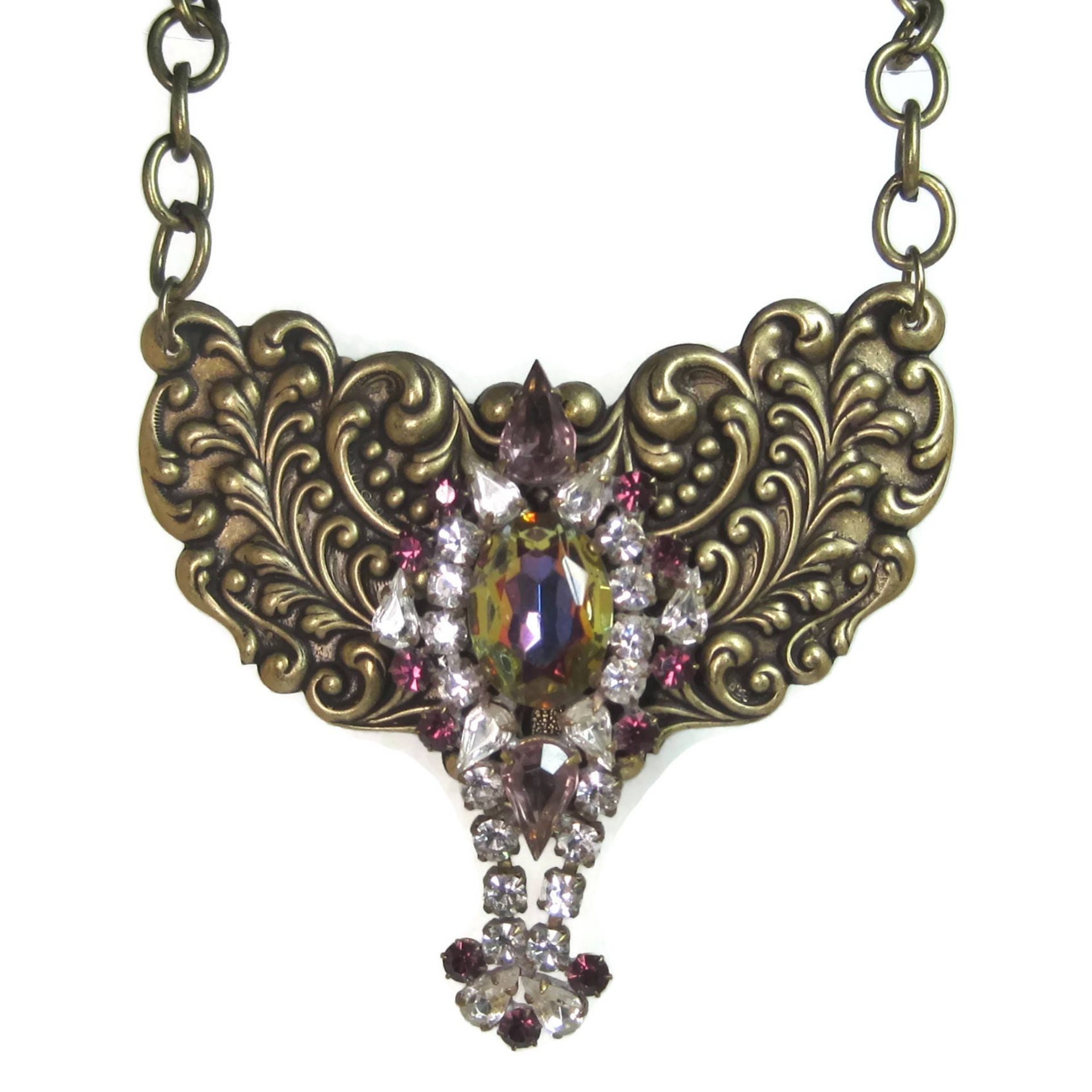 Vintage Brass Rhinestone Runway Bib Necklace