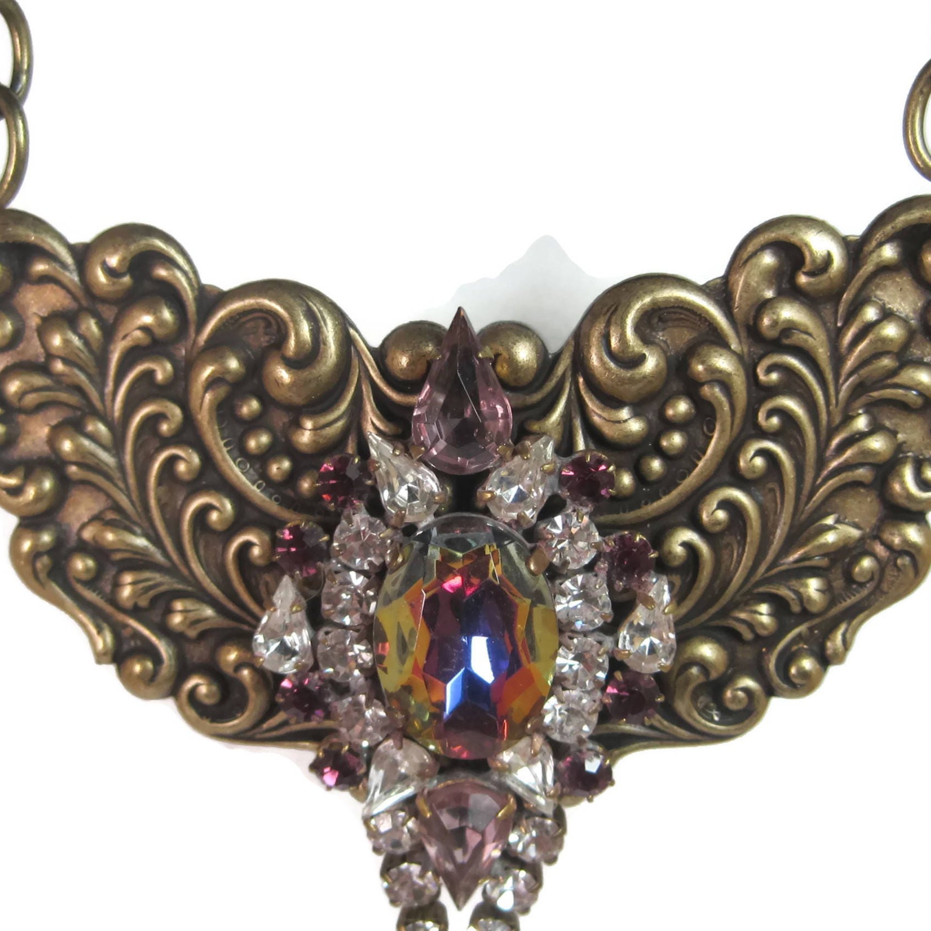 Vintage Brass Rhinestone Runway Bib Necklace