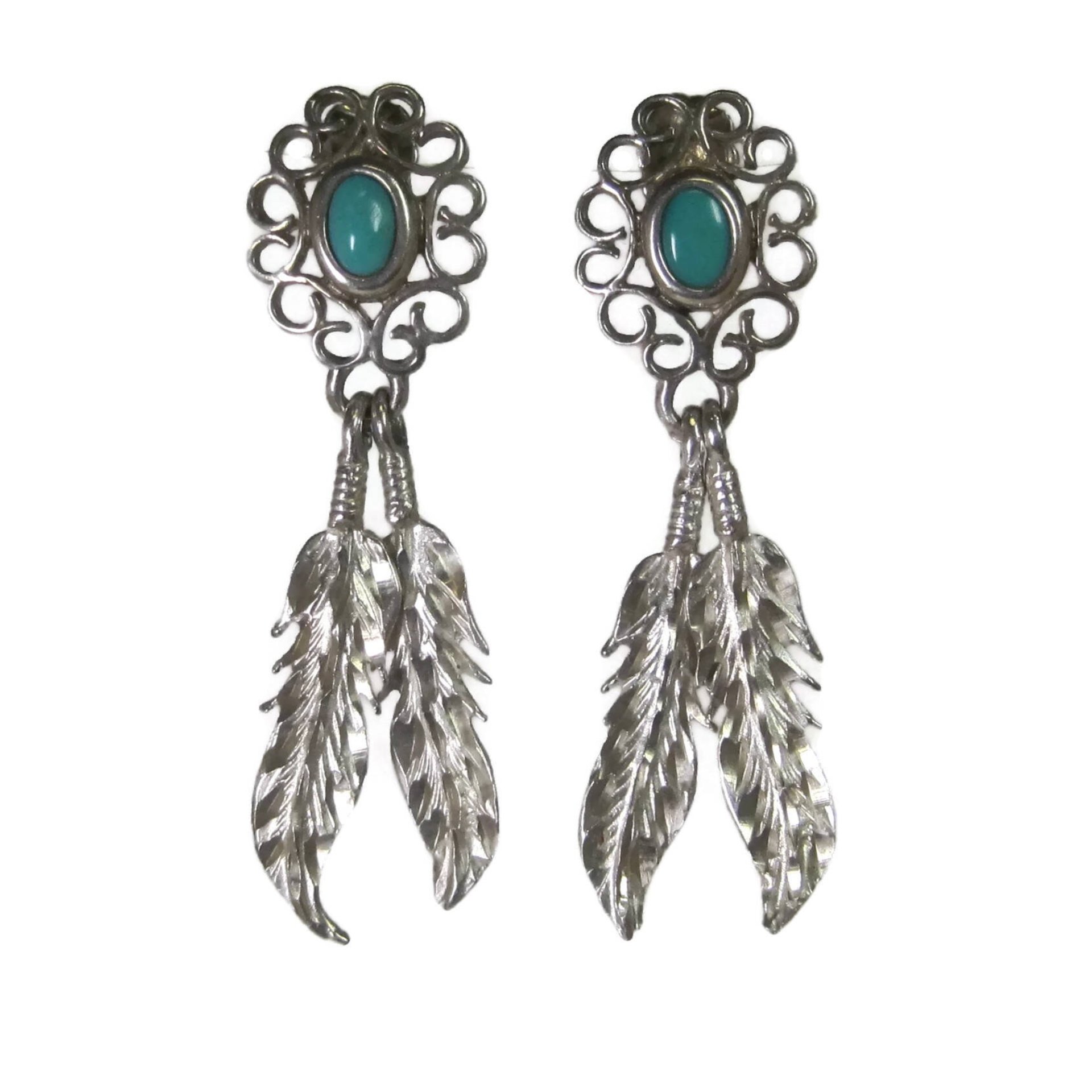 Vintage Southwestern Sterling Turquoise Feather Earrings