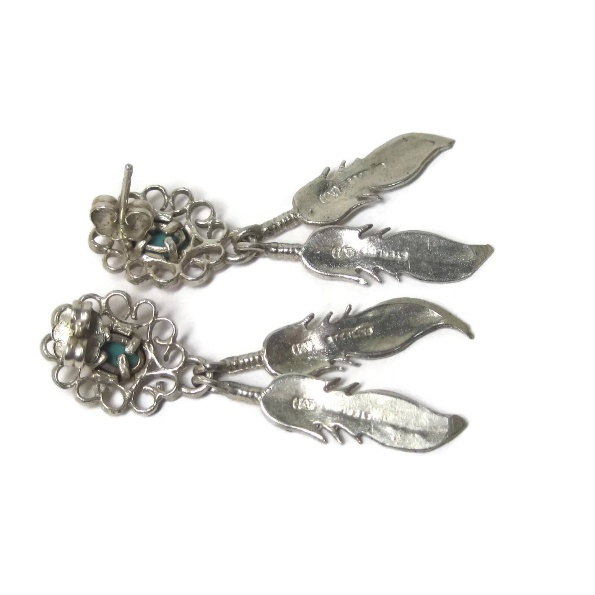 Vintage Southwestern Sterling Turquoise Feather Earrings